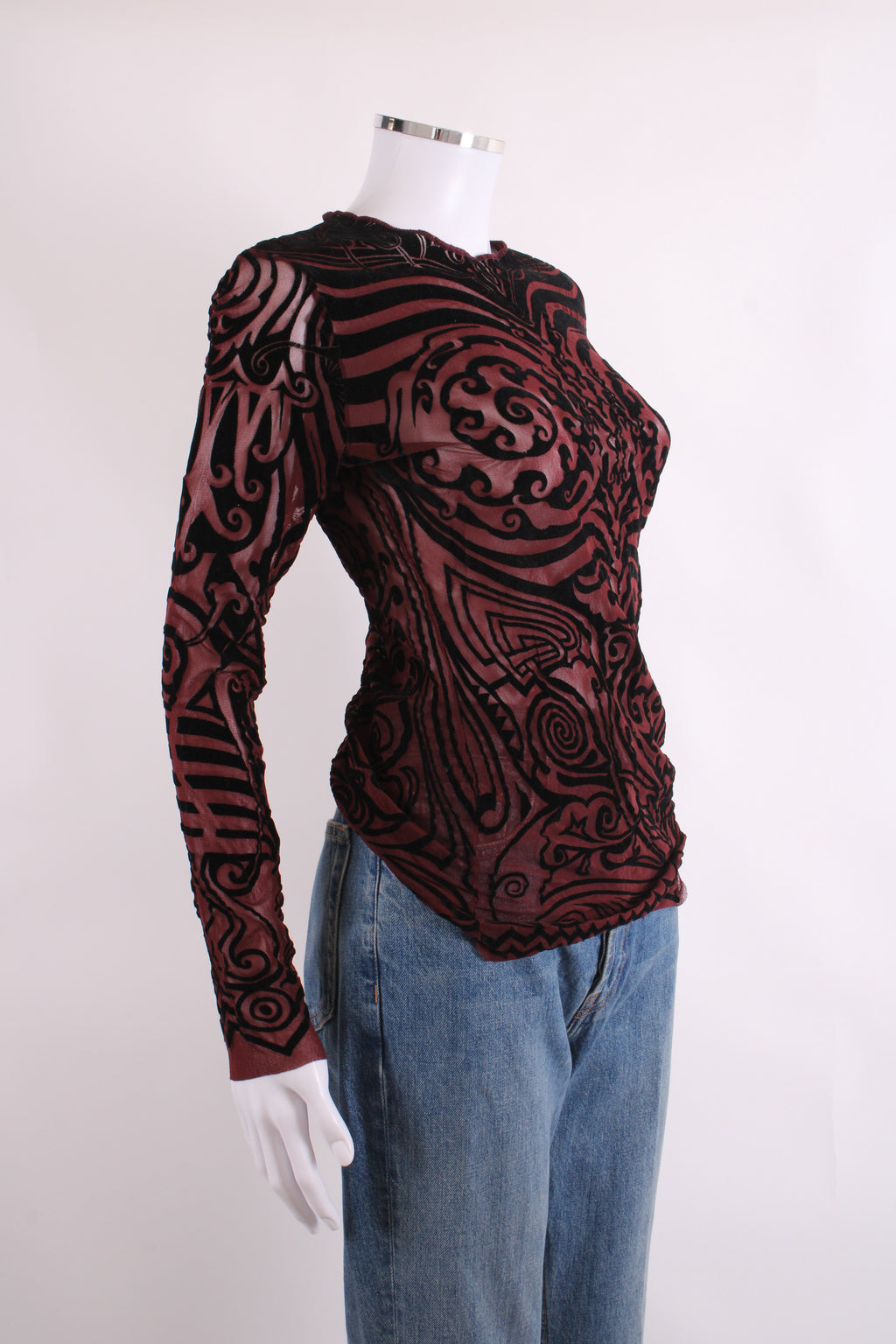 Jean Paul Gaultier Maille Classique L/S Tribal Tattoo Mesh Top Burgundy/ Black S