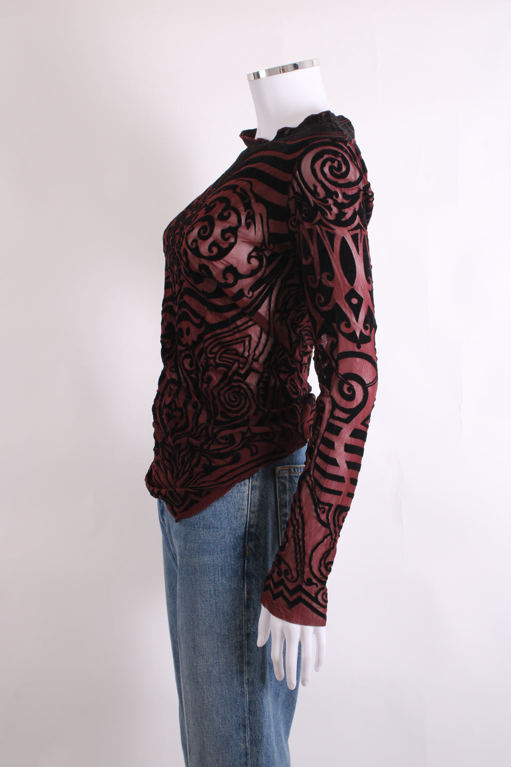 Jean Paul Gaultier Maille Classique L/S Tribal Tattoo Mesh Top Burgundy/ Black S