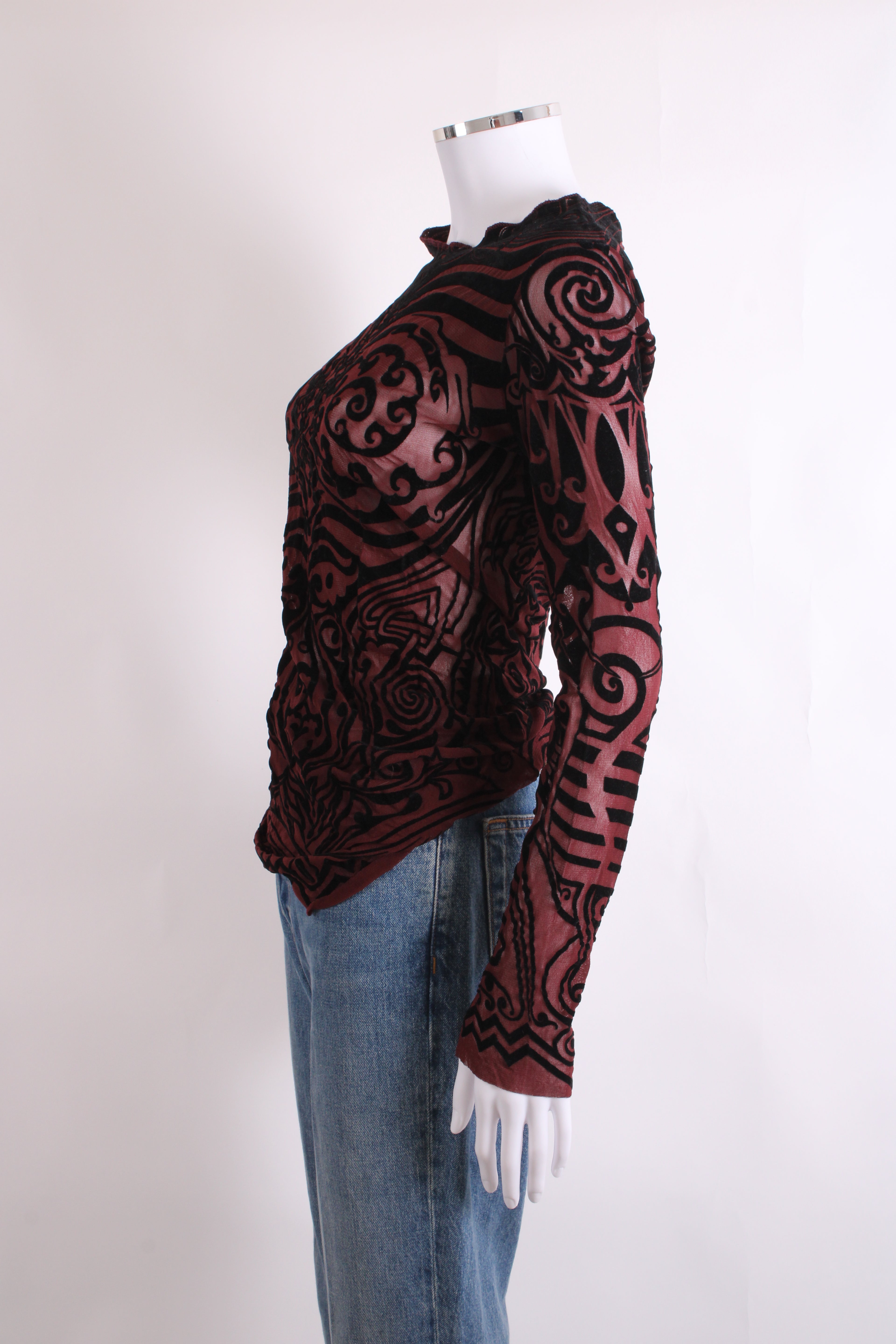 Jean Paul Gaultier Maille Classique L/S Tribal Tattoo Mesh Top Burgundy/ Black S