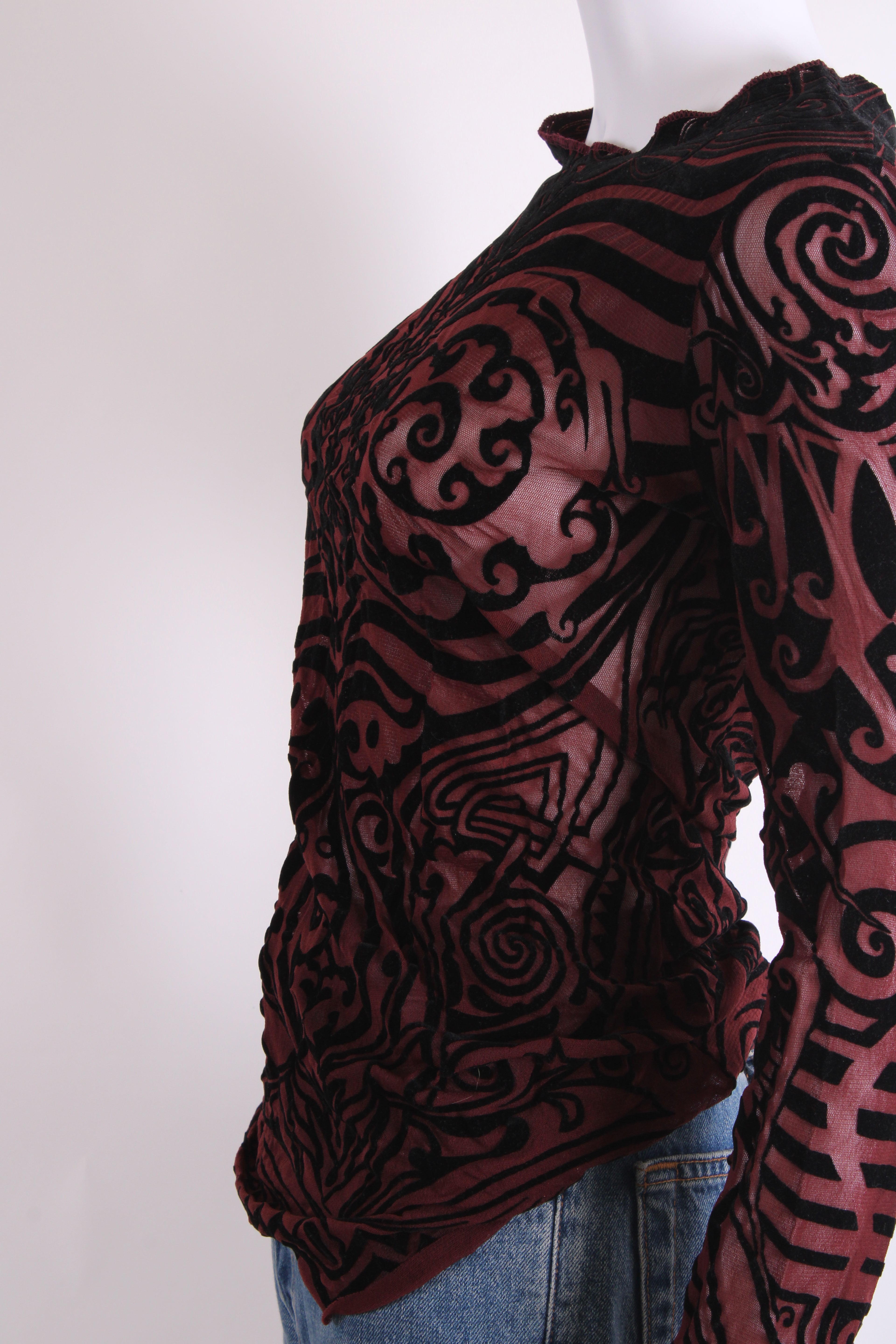 Jean Paul Gaultier Maille Classique L/S Tribal Tattoo Mesh Top Burgundy/ Black S