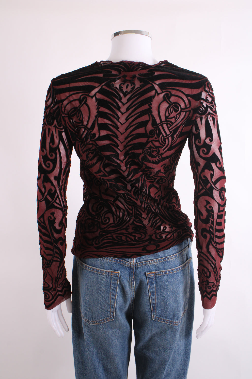 Jean Paul Gaultier Maille Classique L/S Tribal Tattoo Mesh Top Burgundy/ Black S