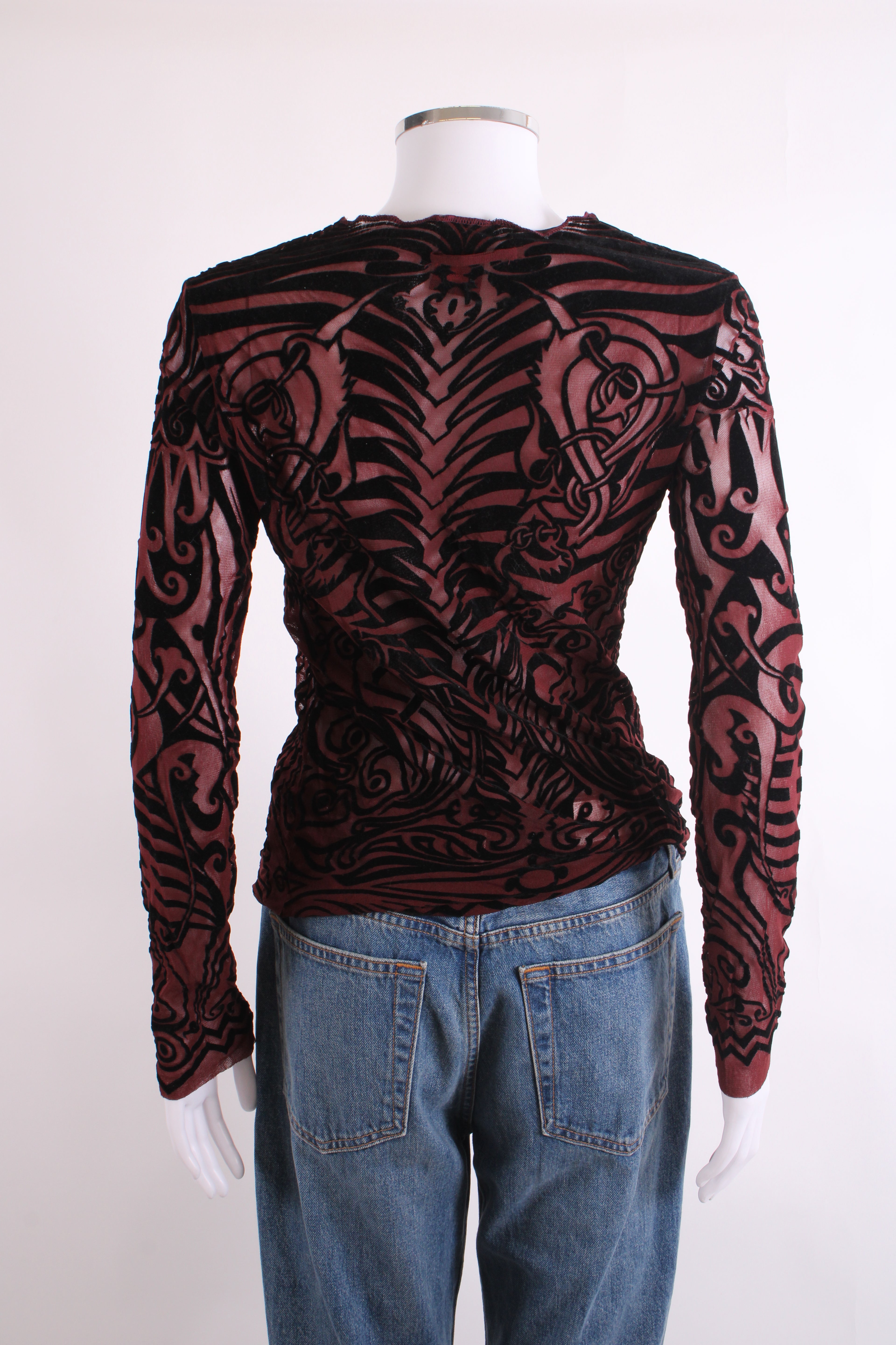 Jean Paul Gaultier Maille Classique L/S Tribal Tattoo Mesh Top Burgundy/ Black S