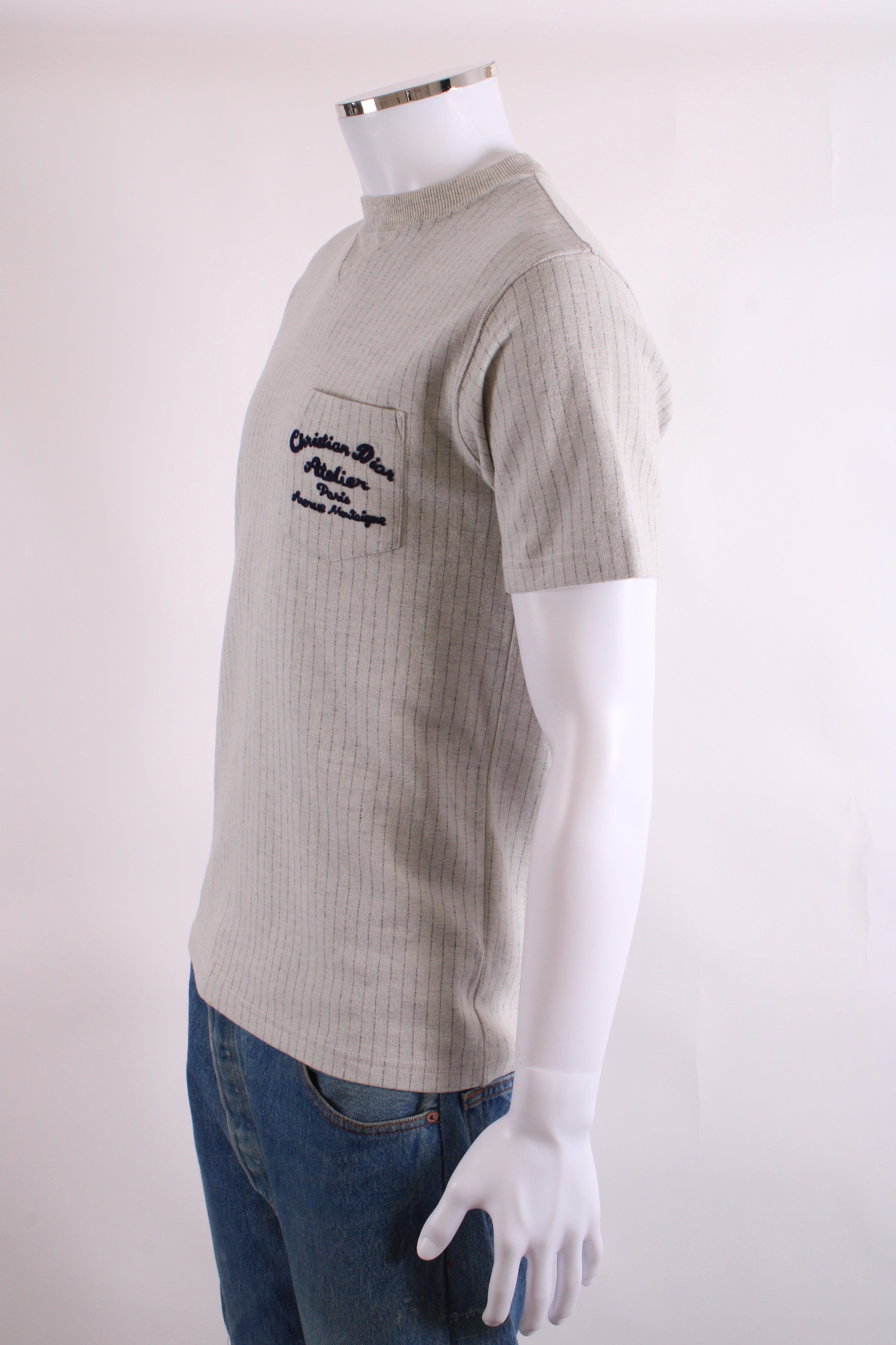 Dior Embroidered Stripe T-shirt Light Grey/ Navy M