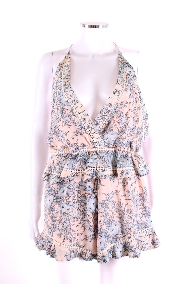 Zimmermann Halter Neck Floral Playsuit Pink/ Blue S