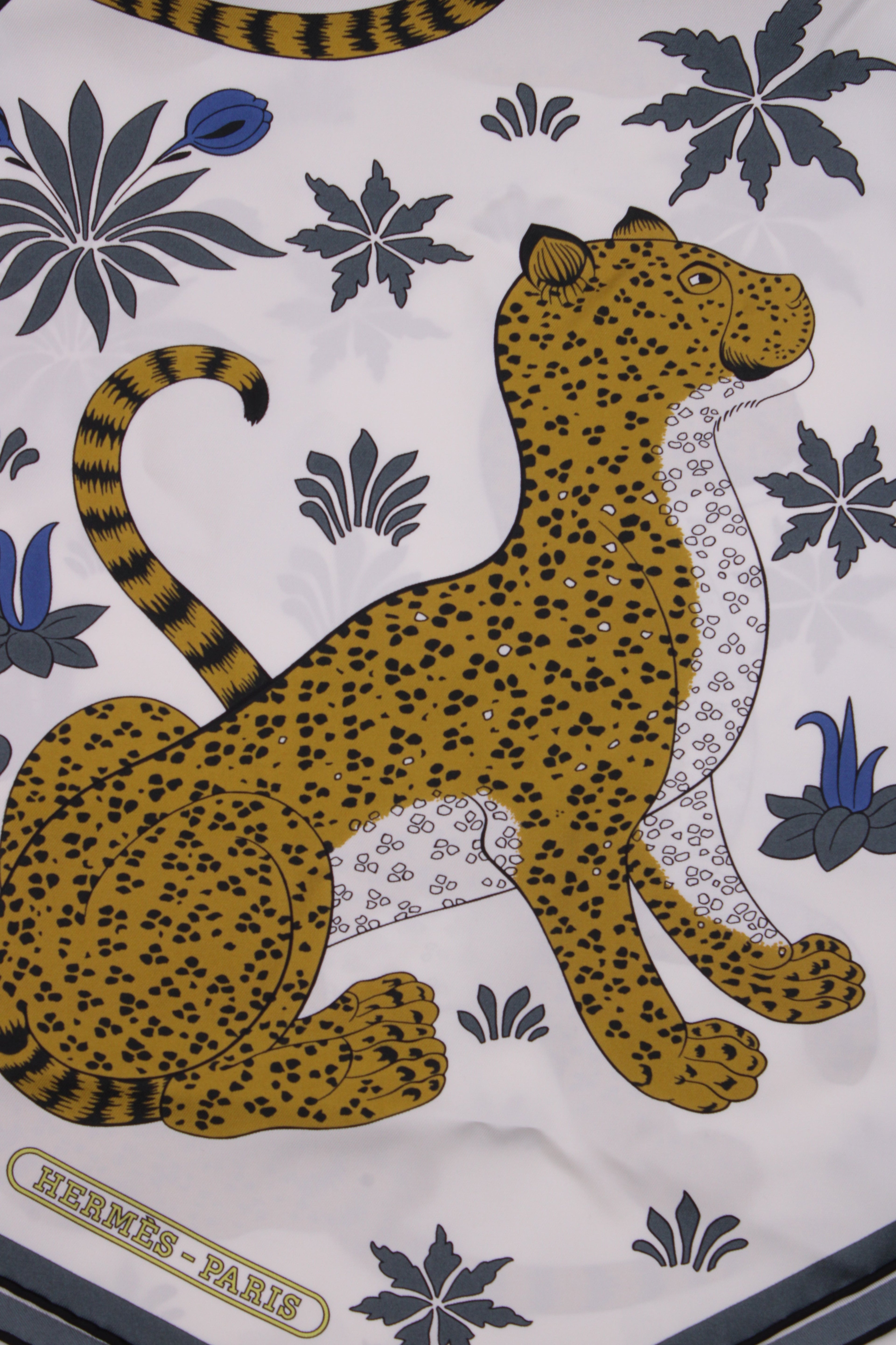 Hermes Les Leopards Maxi Twilly Scarf White/ Mustard