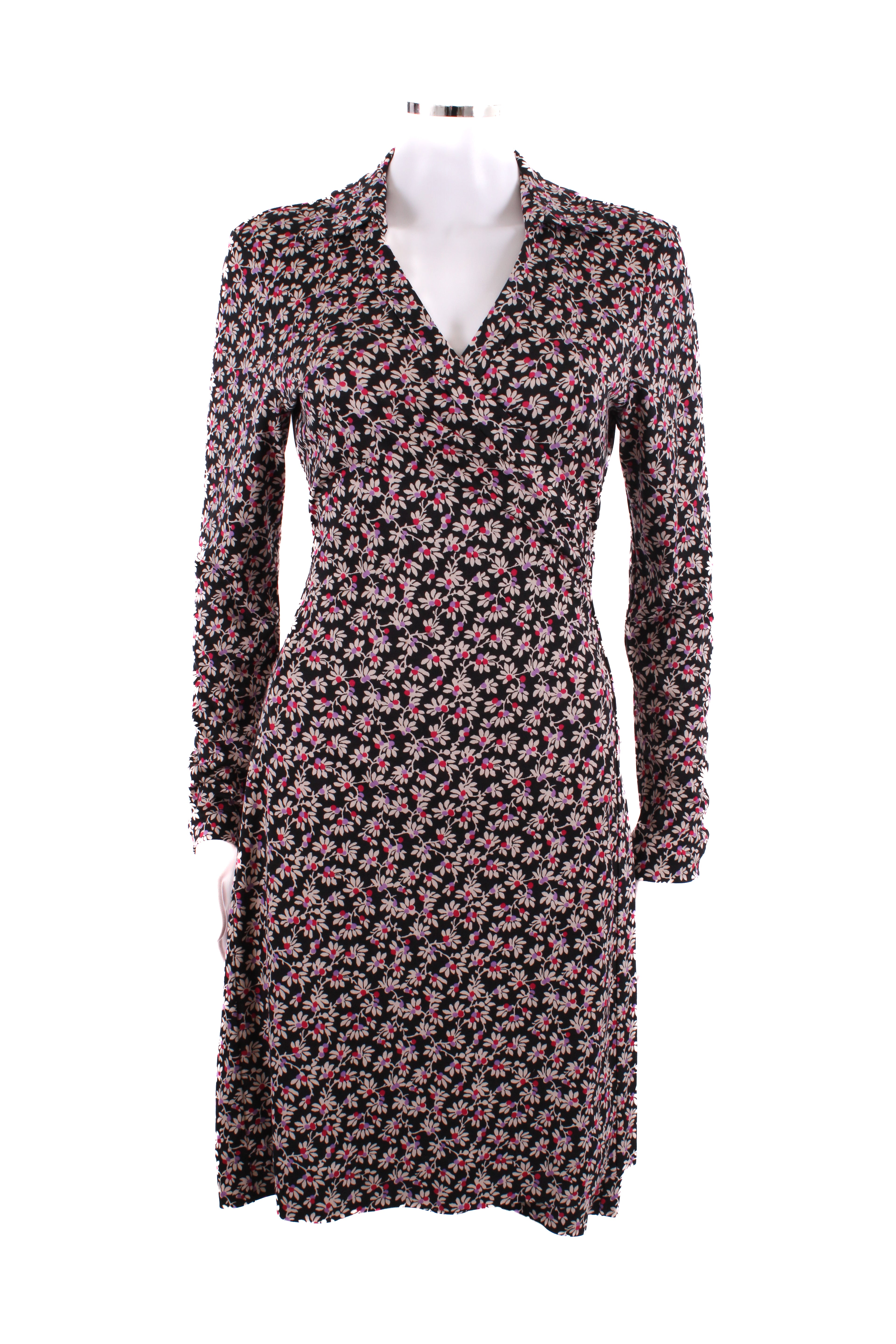 Diane Von Furstenberg L/S Floral Print Wrap Dress Black/ Purple 10