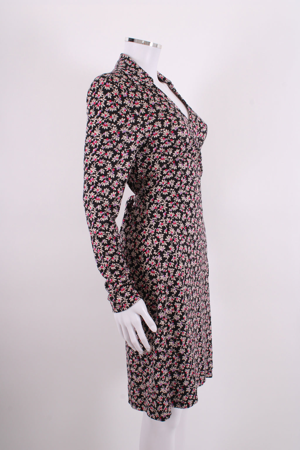 Diane Von Furstenberg L/S Floral Print Wrap Dress Black/ Purple 10