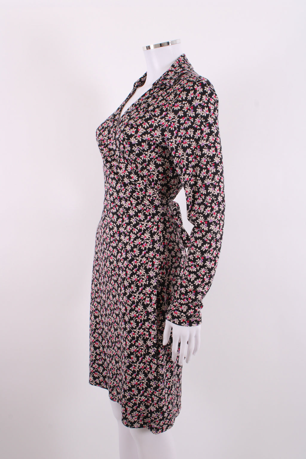 Diane Von Furstenberg L/S Floral Print Wrap Dress Black/ Purple 10