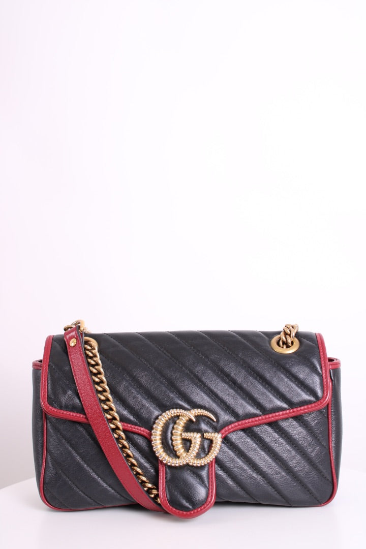 Gucci GG Marmont Quilted Flap Bag Black/ Red