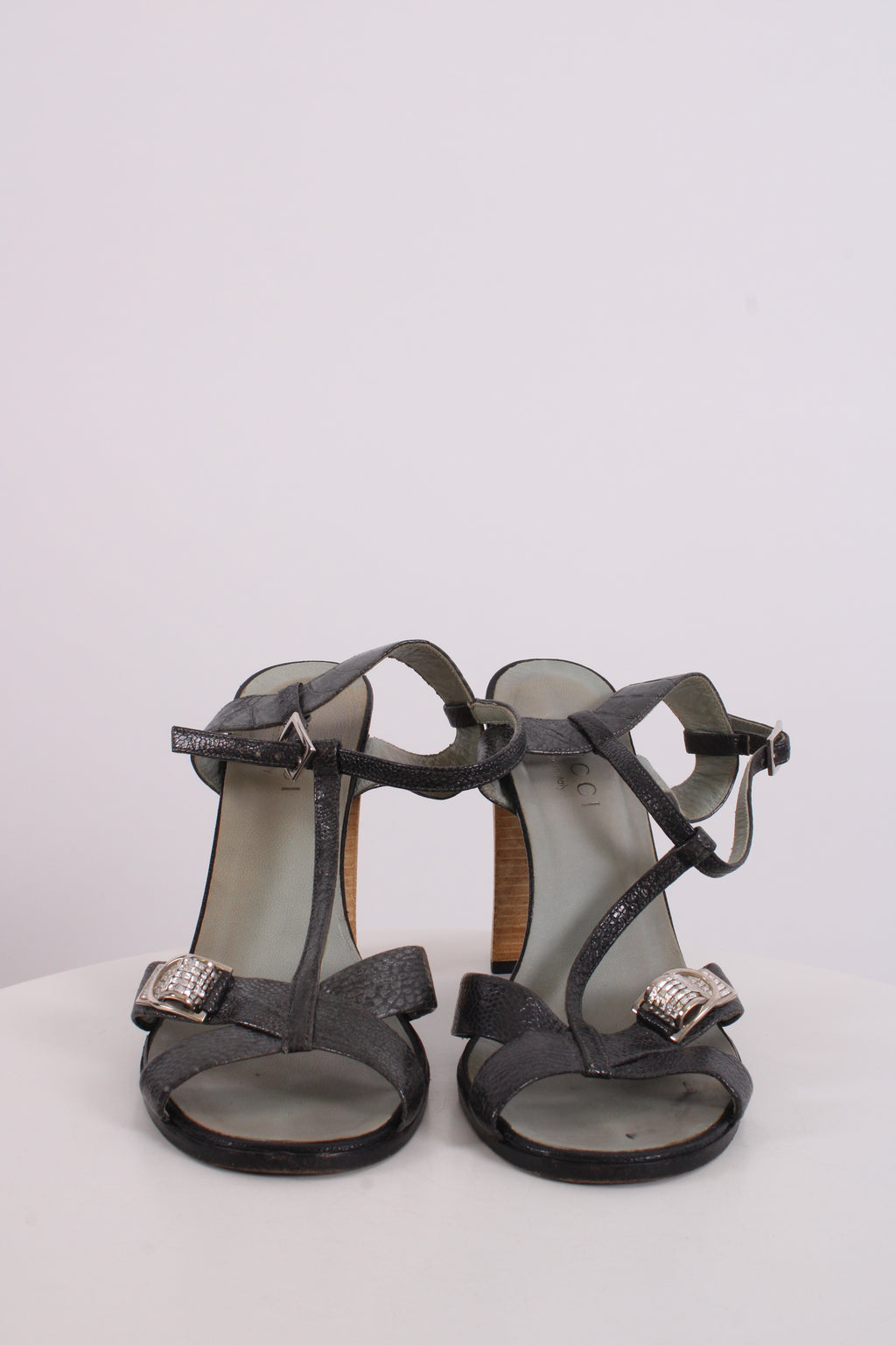 Gucci Crsytal Buckle Croc Effect Heels Silver 37