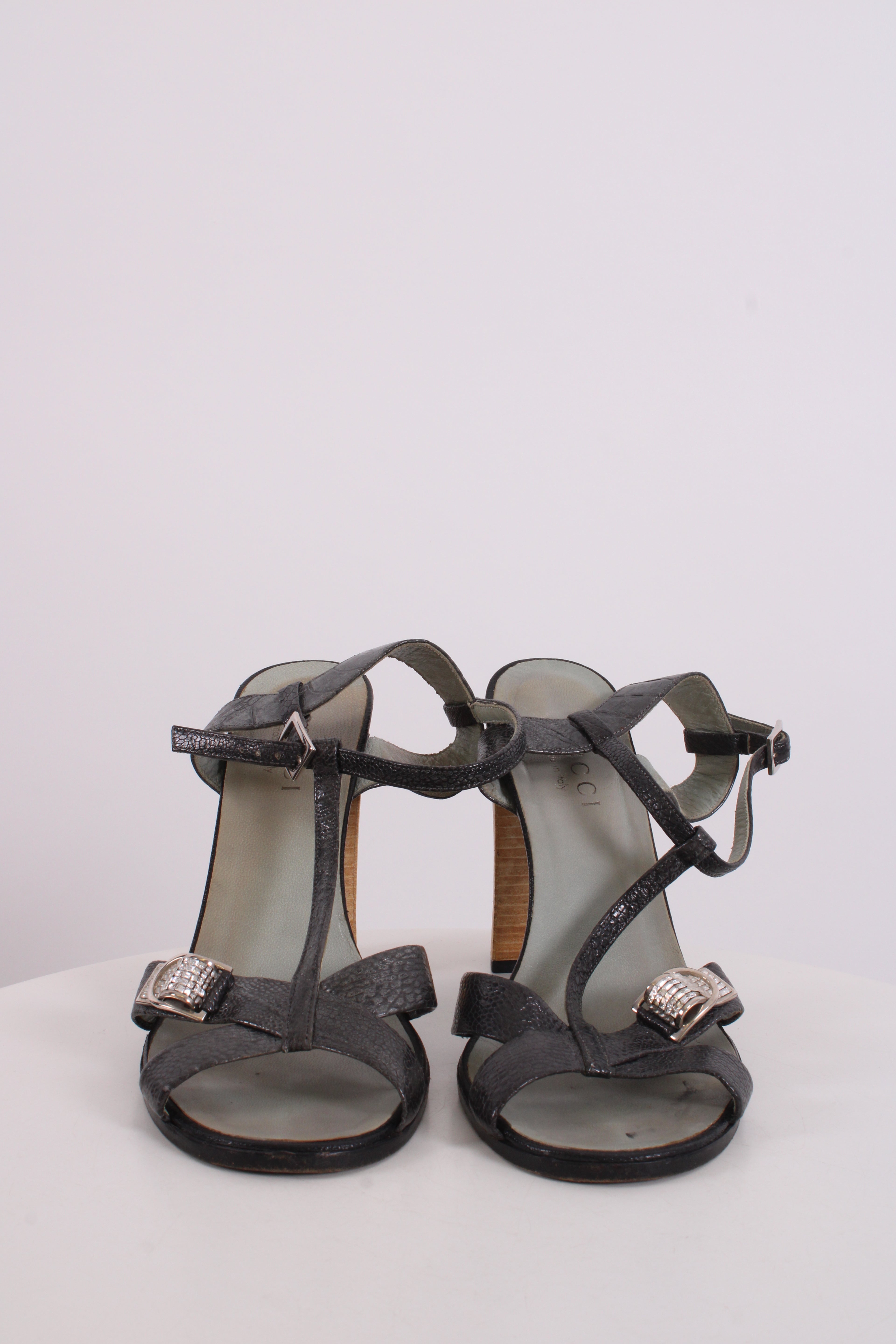 Gucci Crsytal Buckle Croc Effect Heels Silver 37