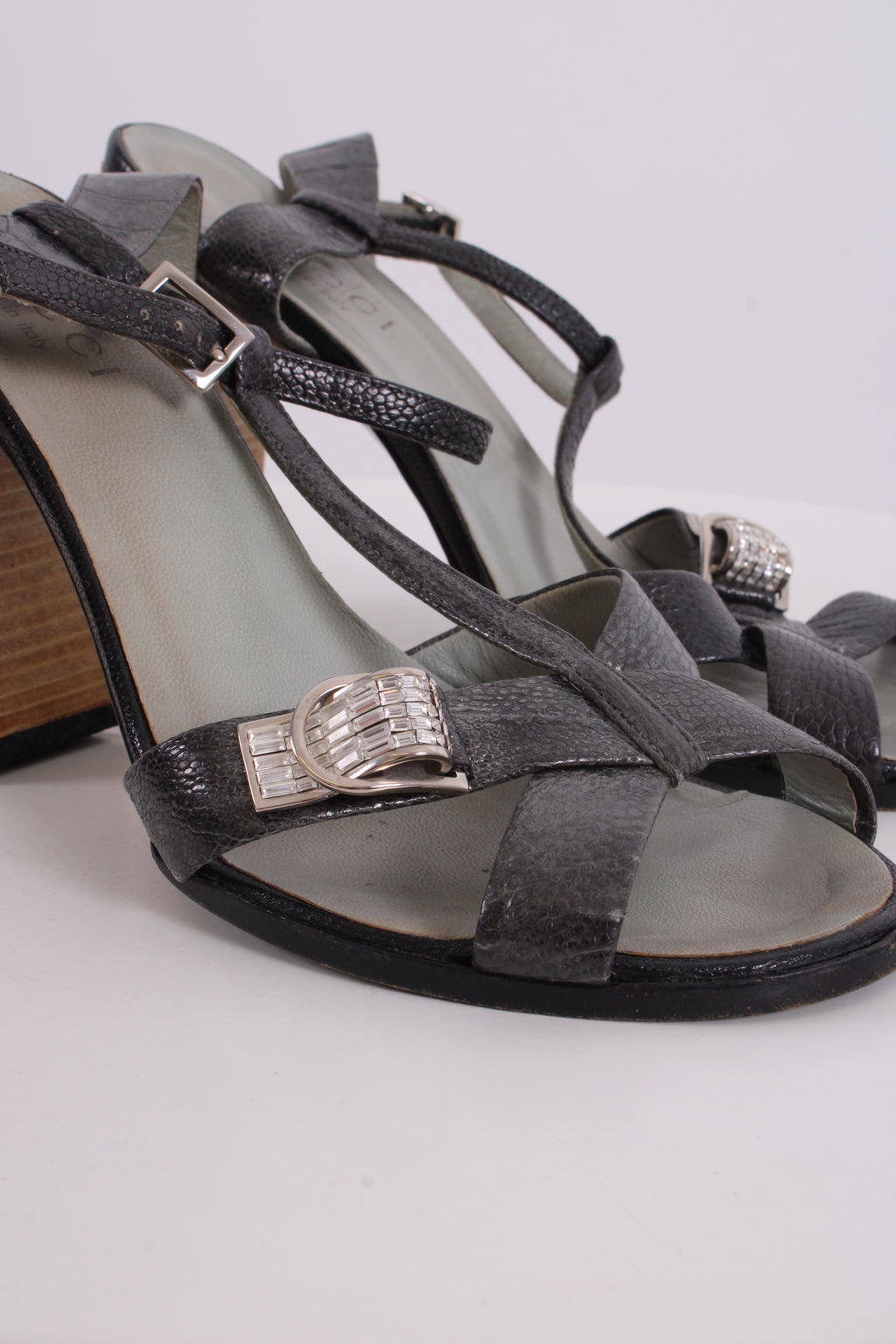 Gucci Crsytal Buckle Croc Effect Heels Silver 37