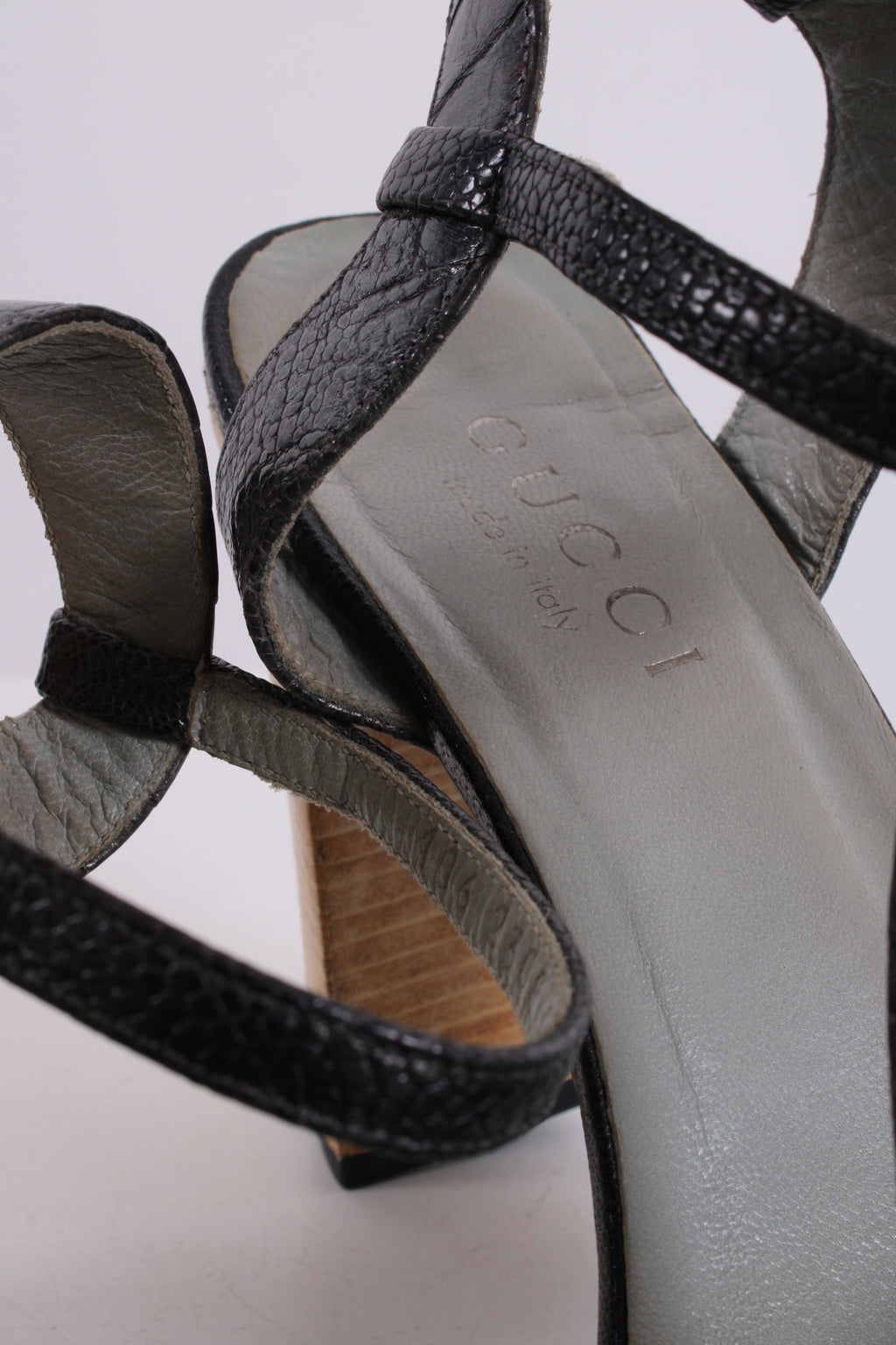 Gucci Crsytal Buckle Croc Effect Heels Silver 37