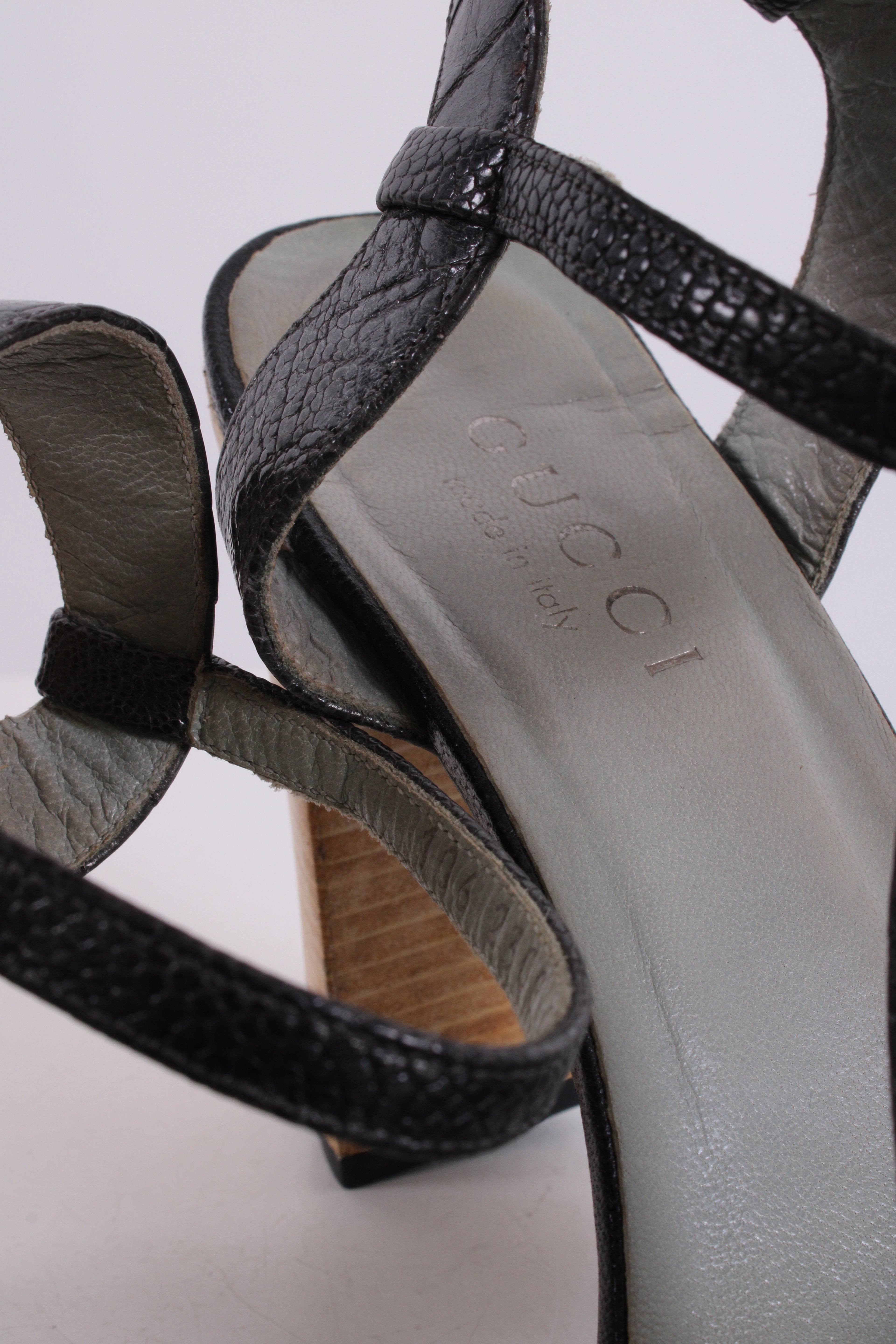 Gucci Crsytal Buckle Croc Effect Heels Silver 37