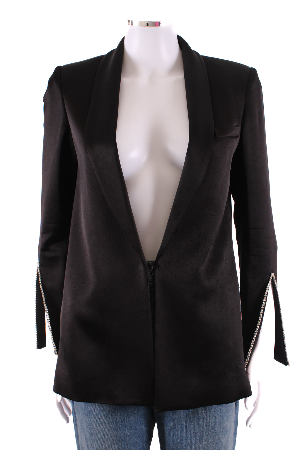 Alice & Olivia Crustal Cuff Satin Blazer Black XS