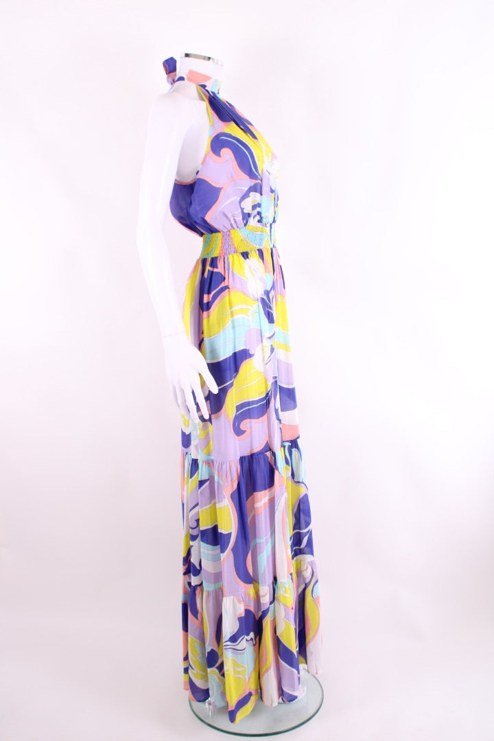 Emilio Pucci S/S Pussy Bow Print Dress Blue/ Yellow 8