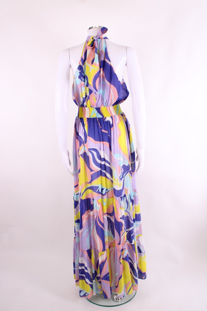 Emilio Pucci S/S Pussy Bow Print Dress Blue/ Yellow 8