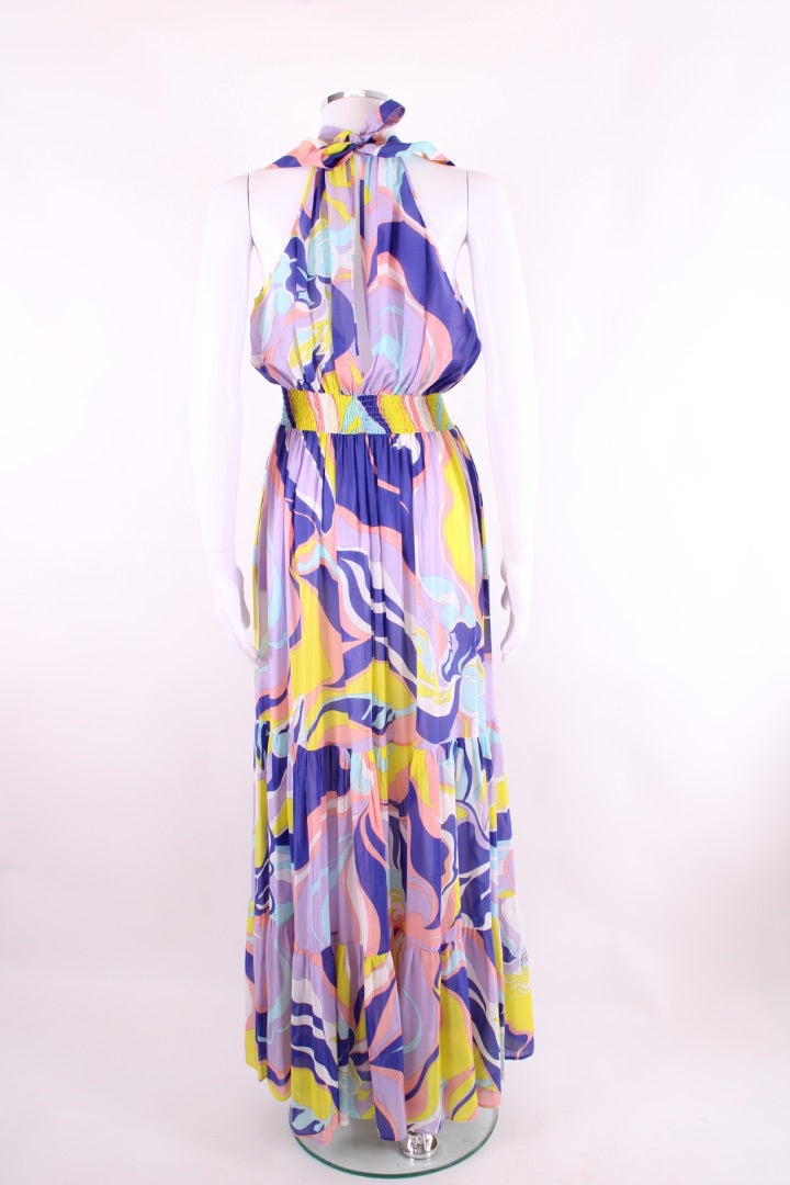 Emilio Pucci S/S Pussy Bow Print Dress Blue/ Yellow 8
