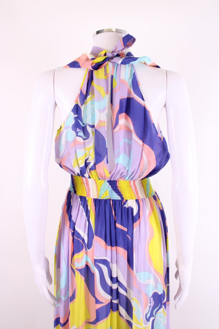 Emilio Pucci S/S Pussy Bow Print Dress Blue/ Yellow 8