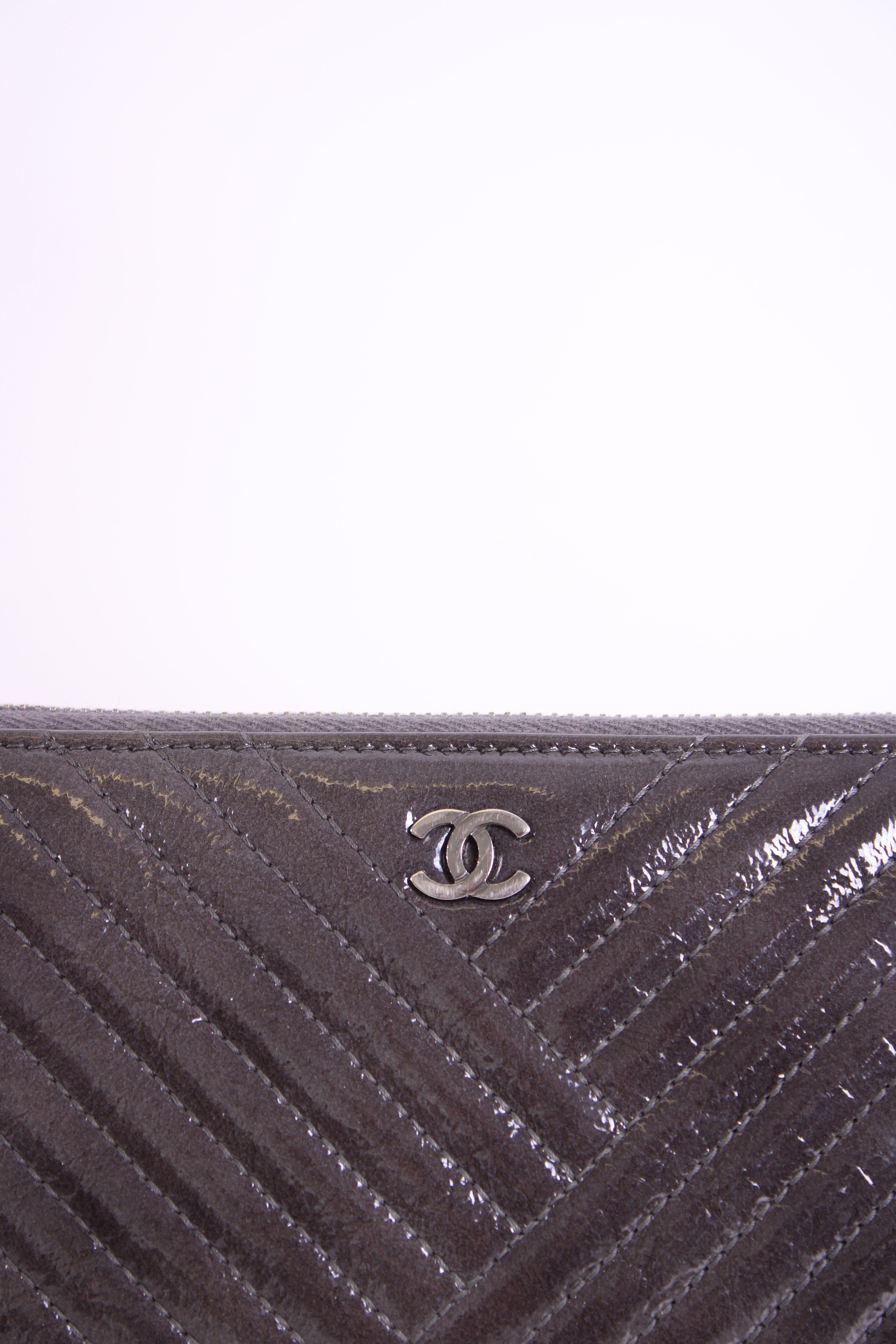 Chanel Patent Leather Quilted Purse Grey N