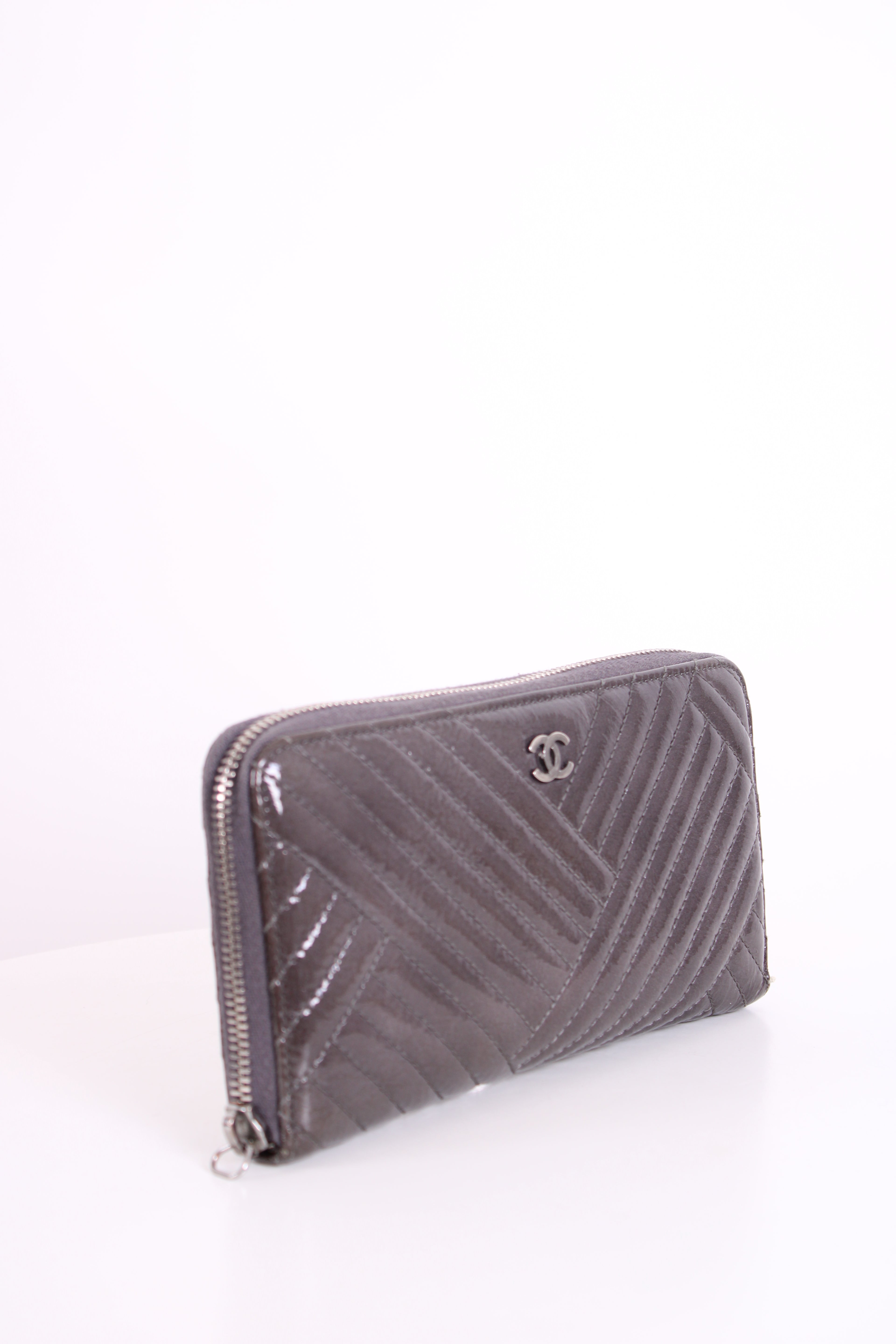 Chanel Patent Leather Quilted Purse Grey N