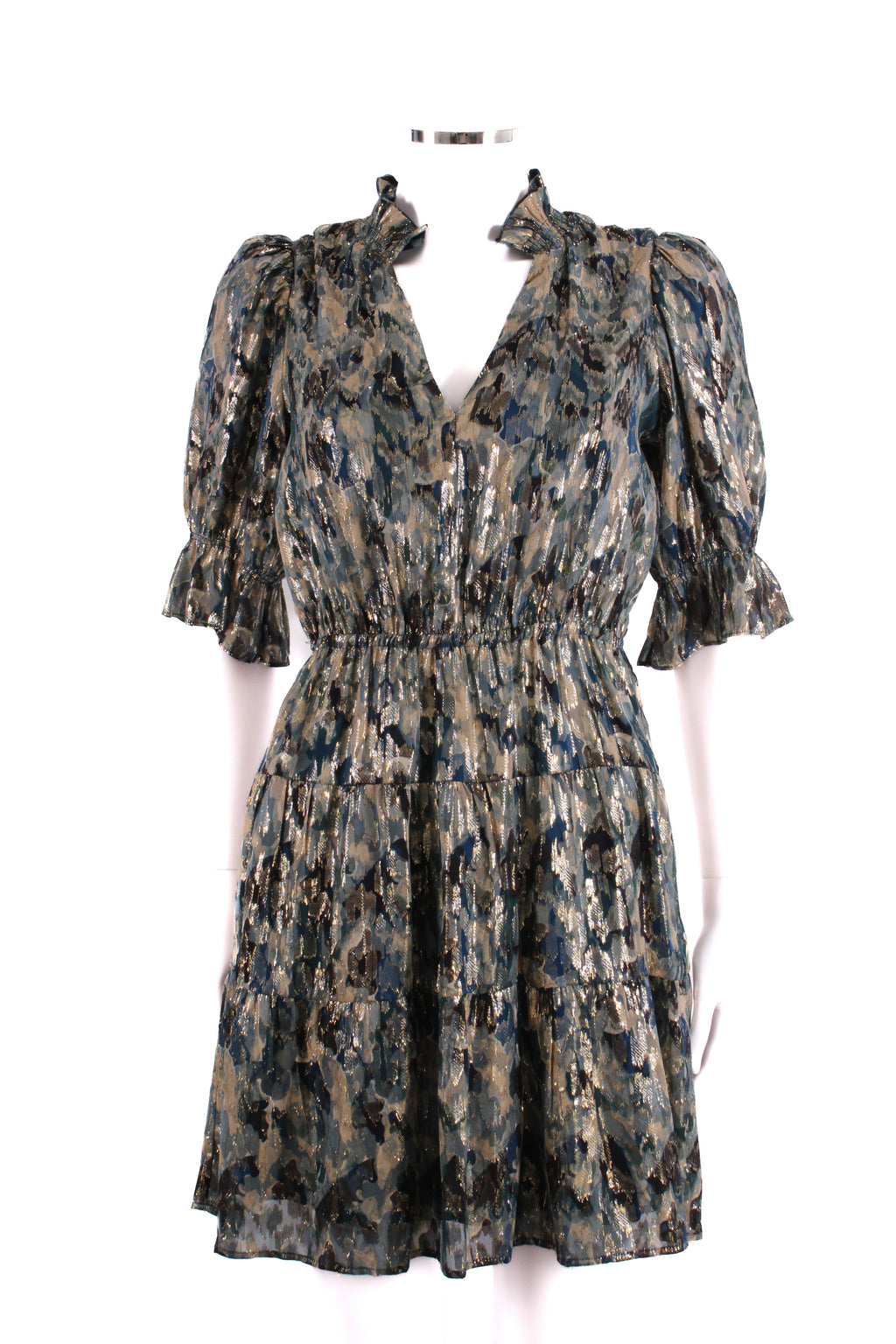 BA&SH S/S Camo Print Shimmer Dress Navy/ Gold 6