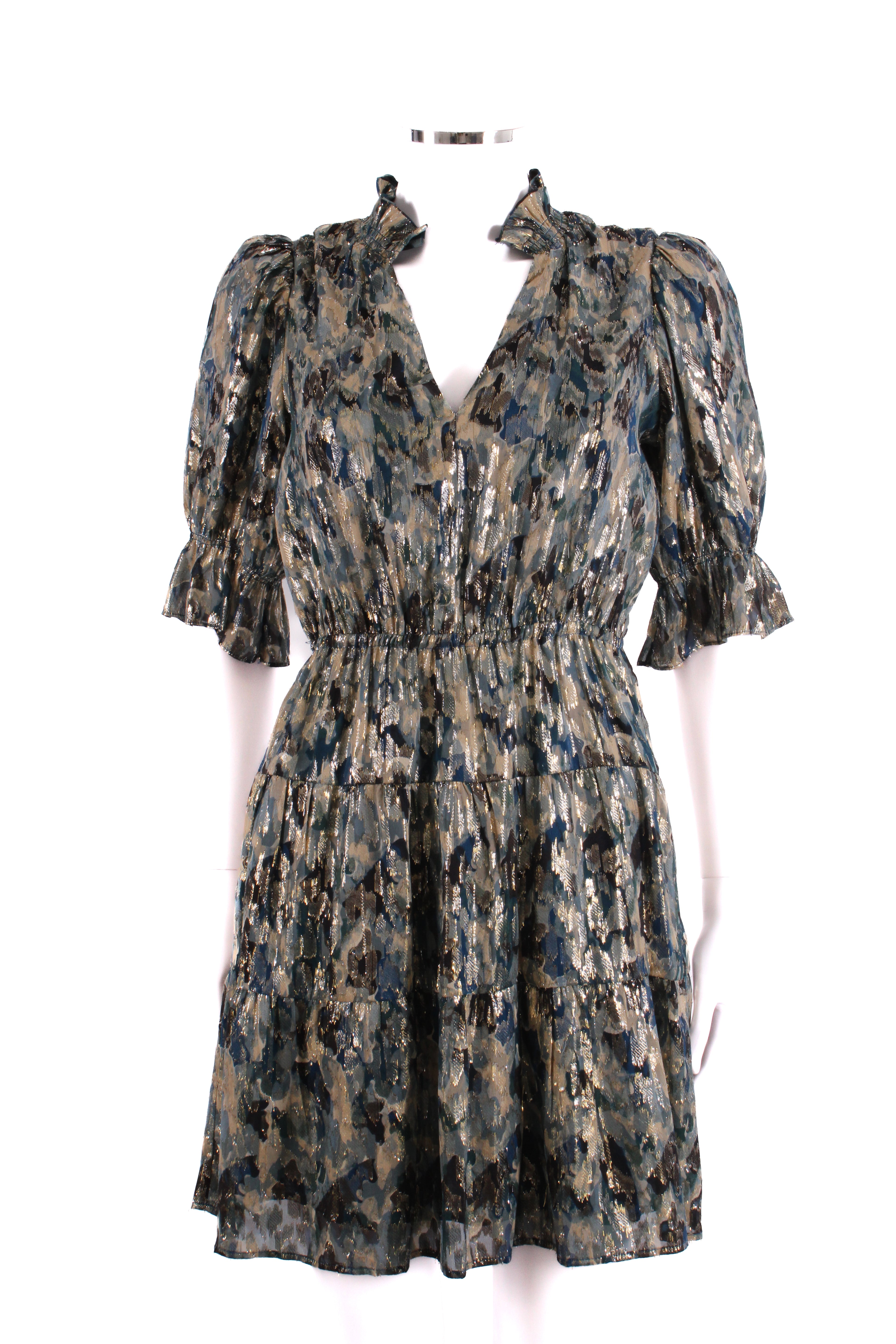 BA&SH S/S Camo Print Shimmer Dress Navy/ Gold 6