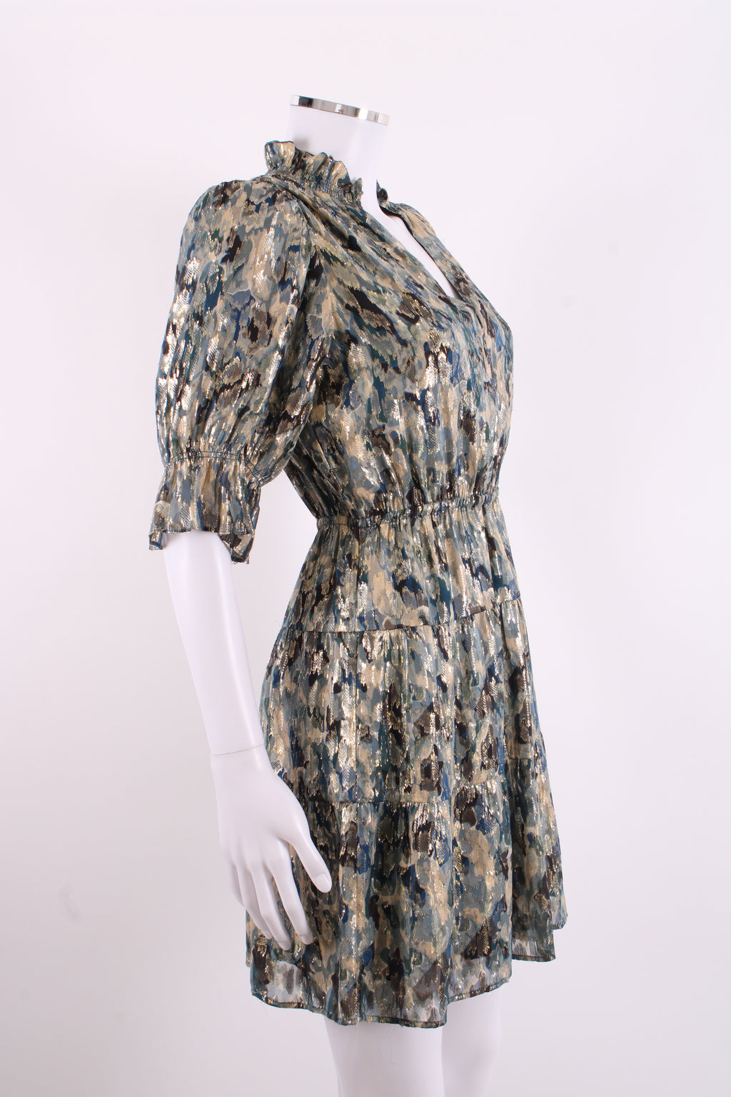 BA&SH S/S Camo Print Shimmer Dress Navy/ Gold 6