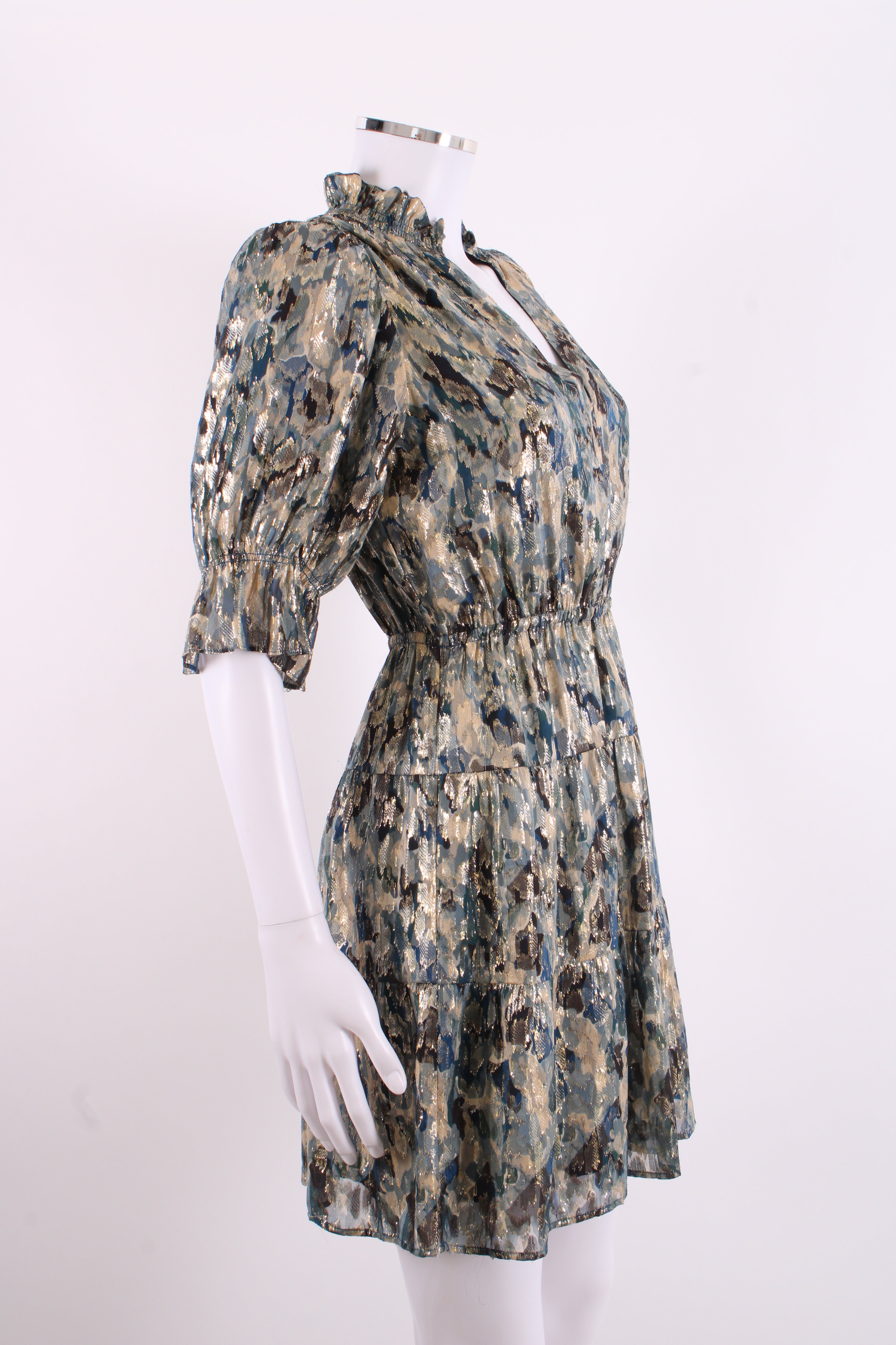 BA&SH S/S Camo Print Shimmer Dress Navy/ Gold 6