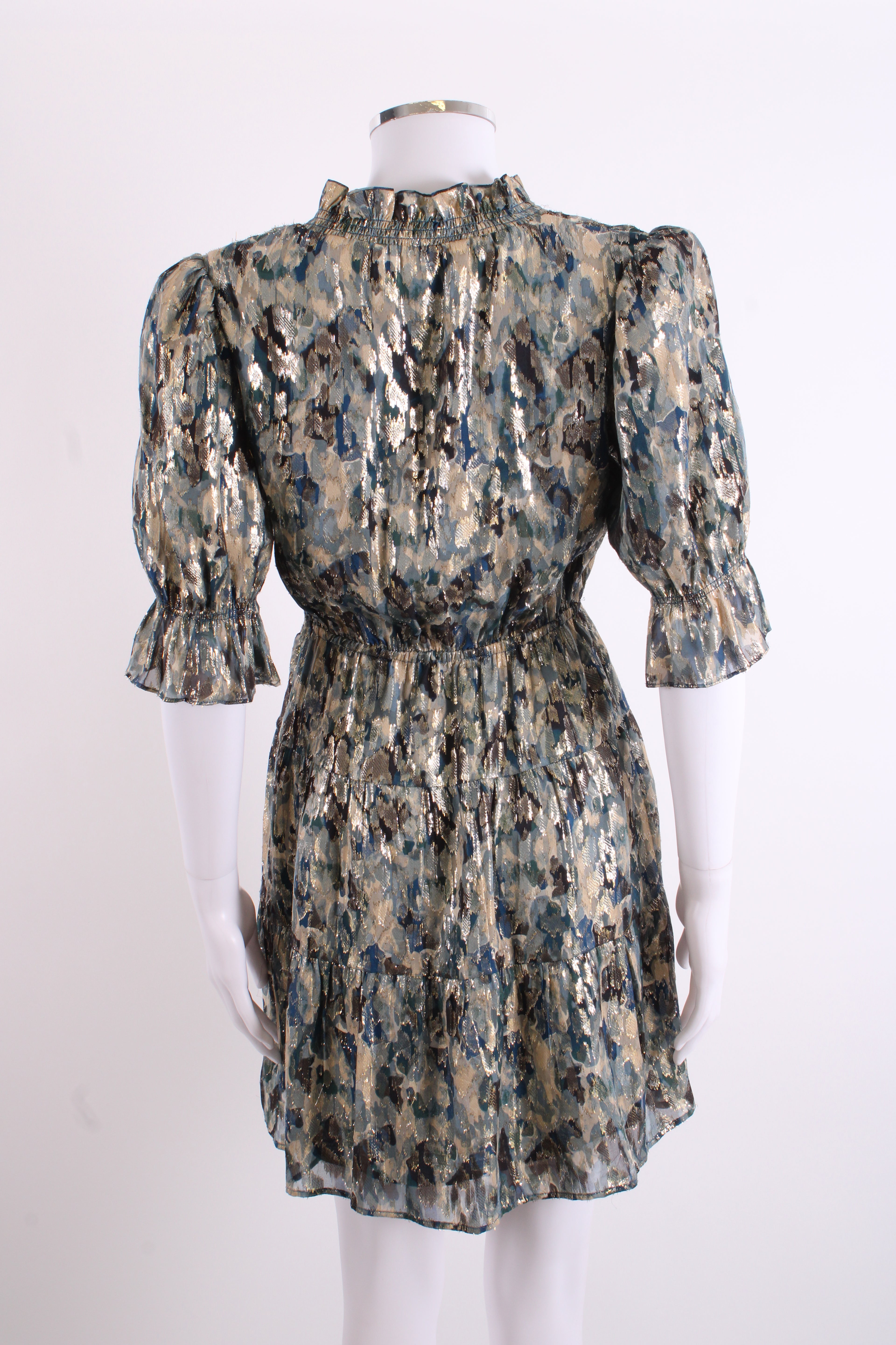 BA&SH S/S Camo Print Shimmer Dress Navy/ Gold 6