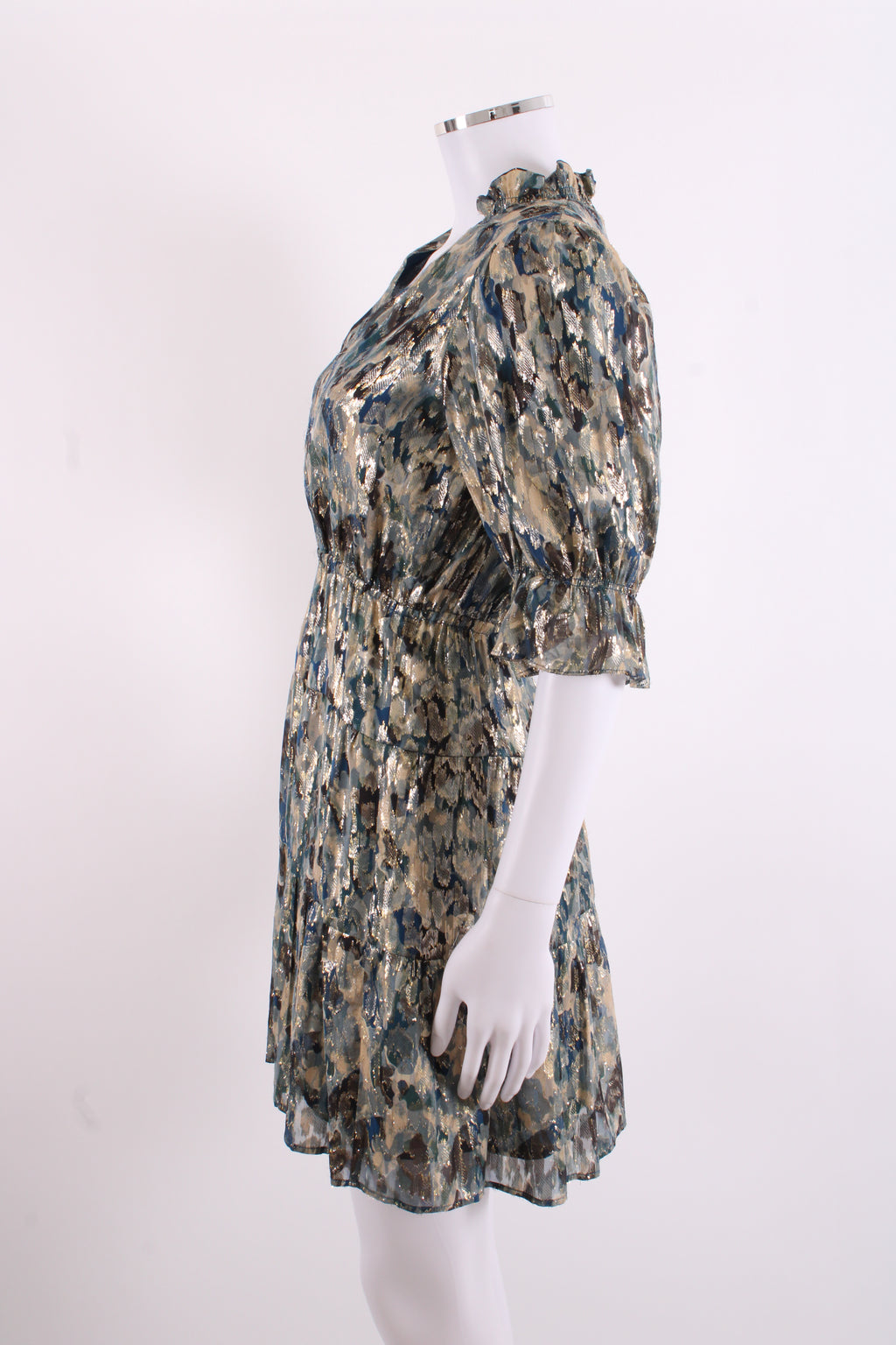 BA&SH S/S Camo Print Shimmer Dress Navy/ Gold 6
