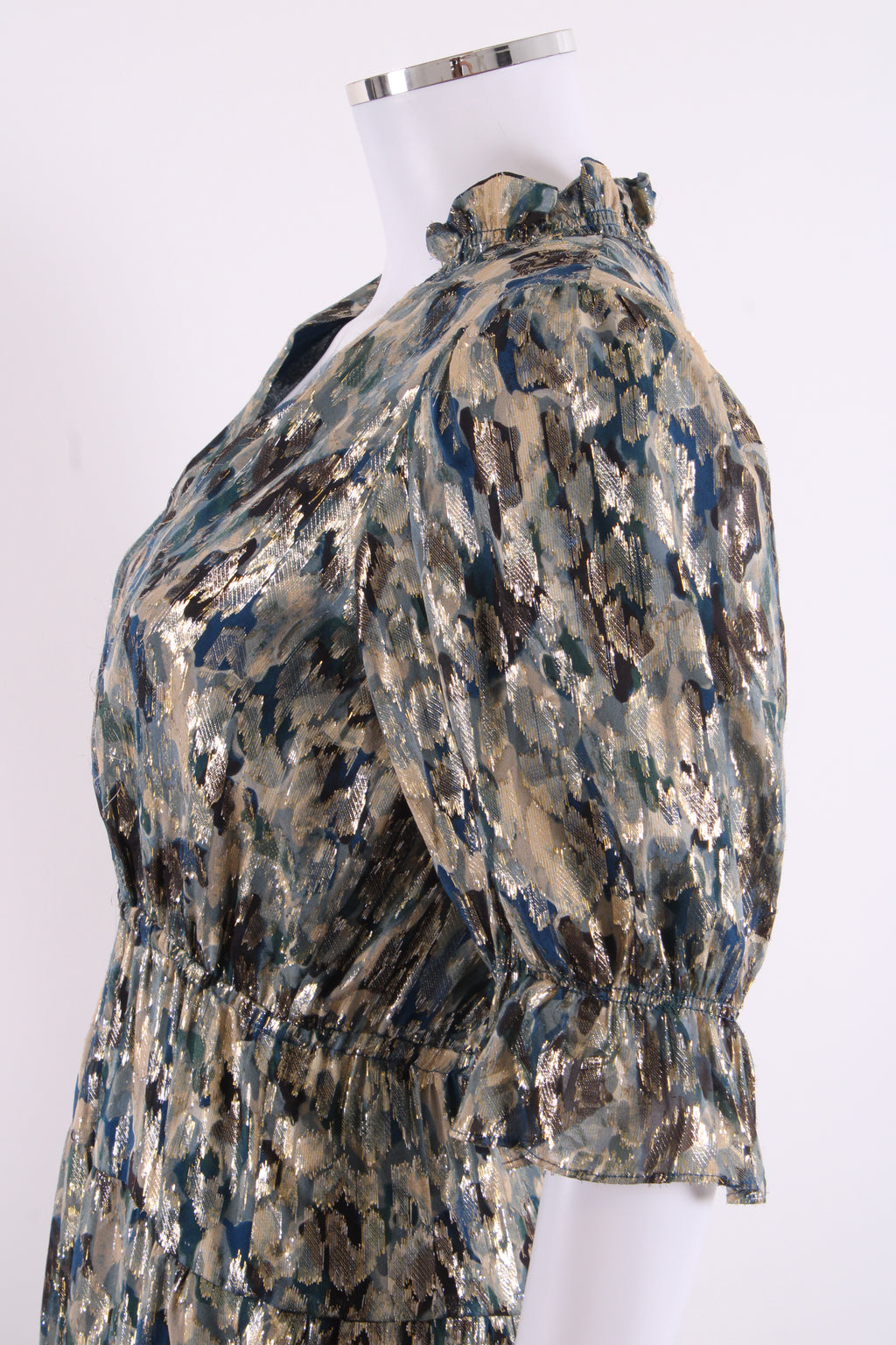 BA&SH S/S Camo Print Shimmer Dress Navy/ Gold 6