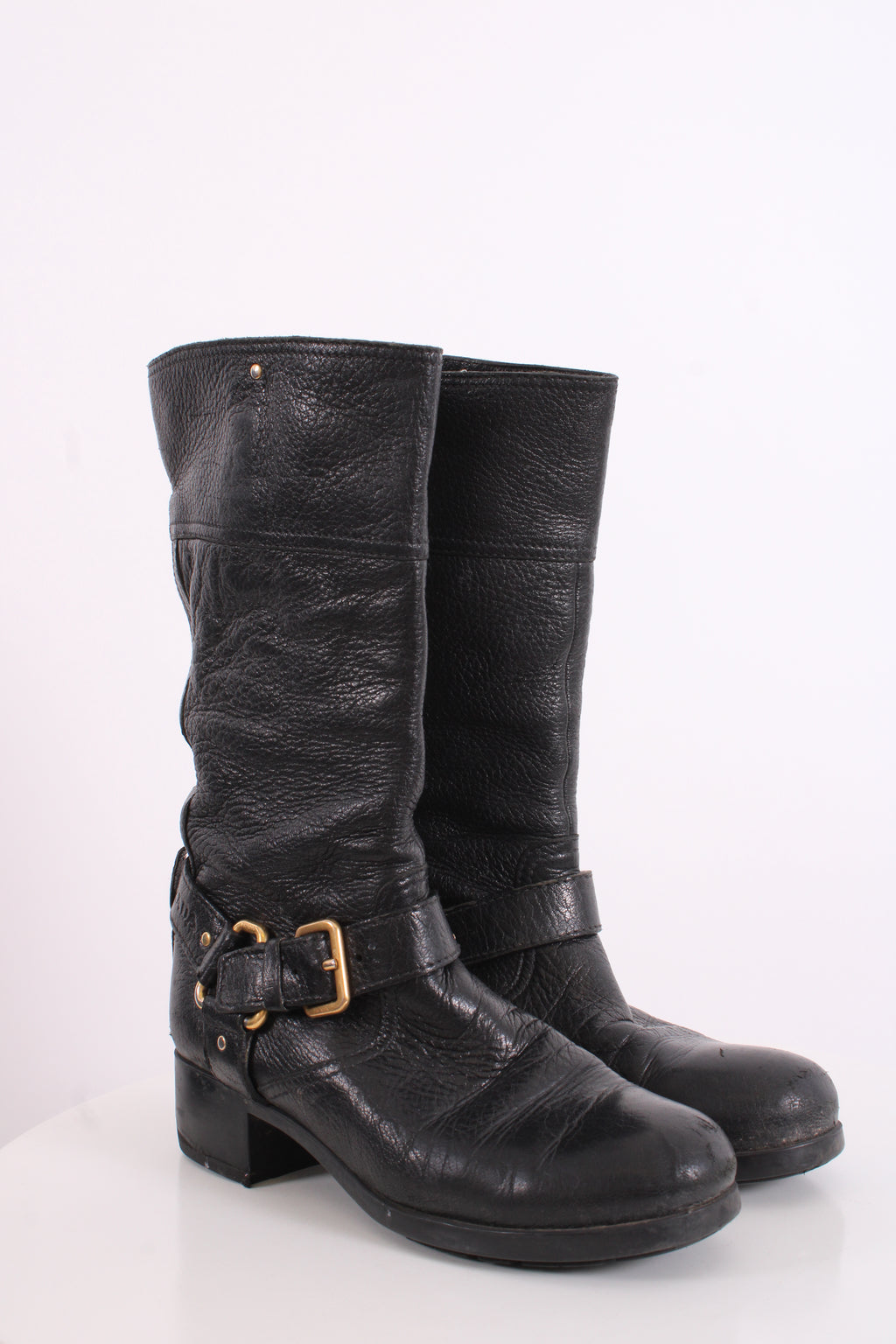 Prada Buckle Moto Boots Black 36