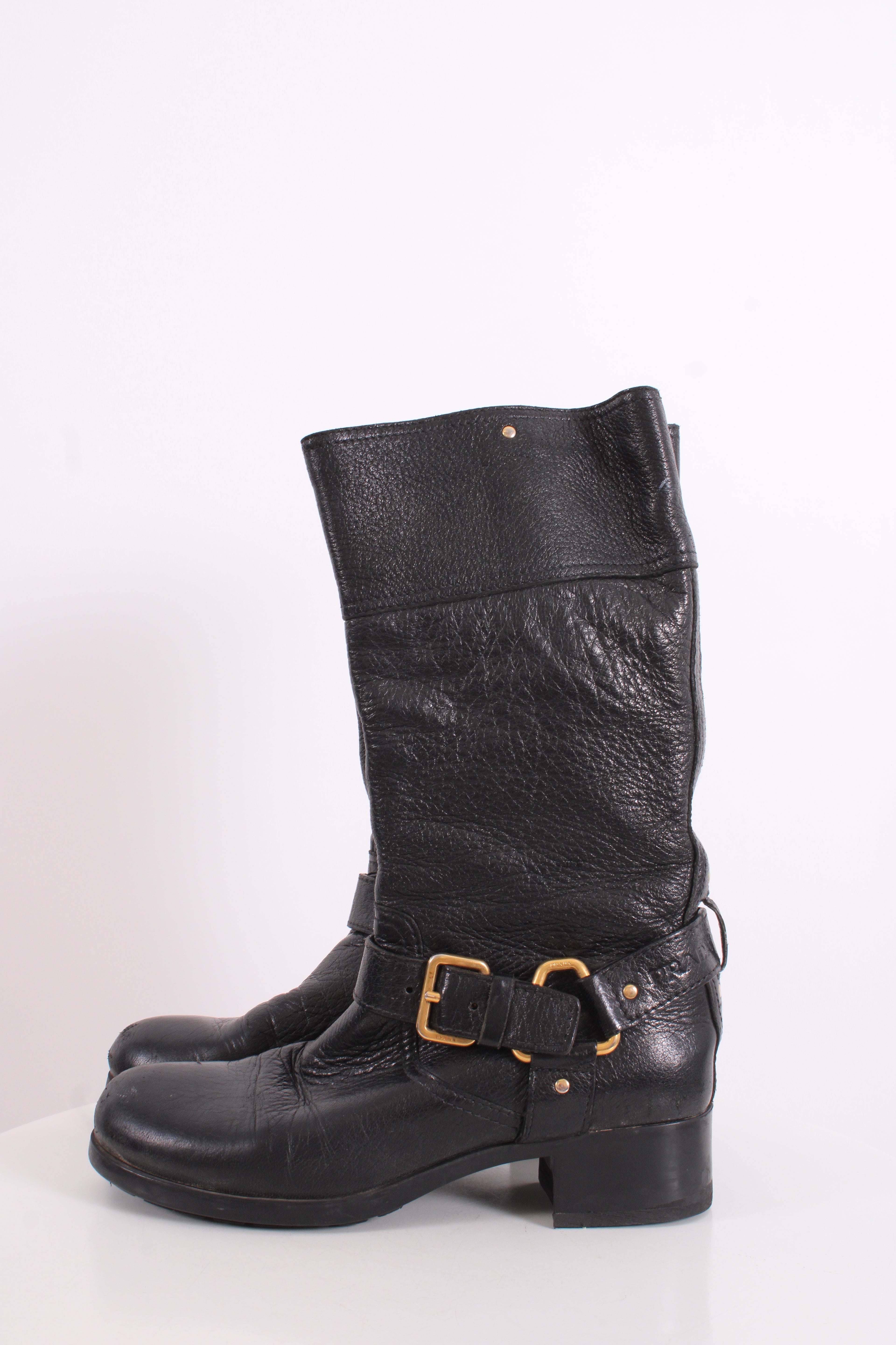 Prada Buckle Moto Boots Black 36