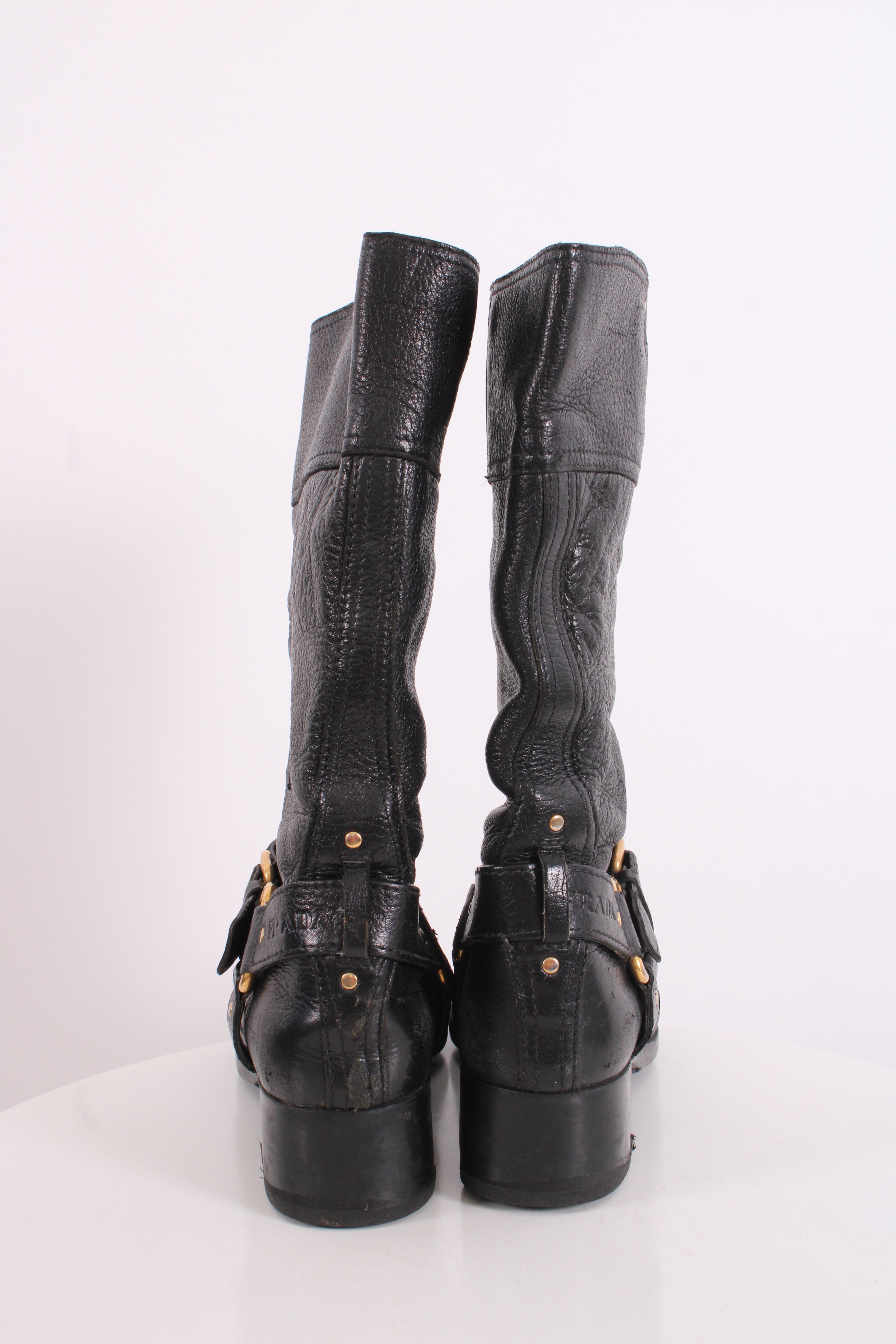 Prada Buckle Moto Boots Black 36