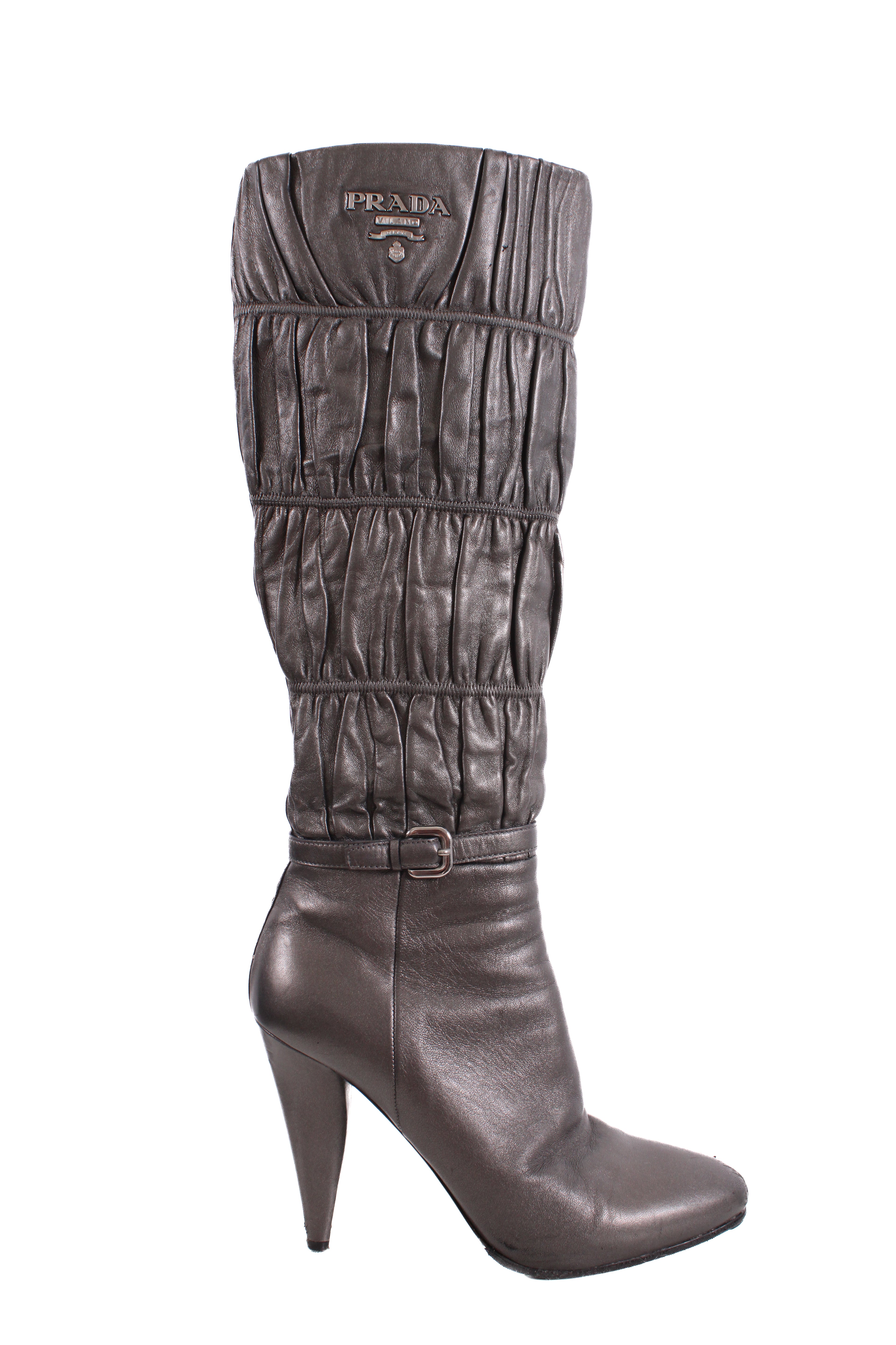 Prada Pleated Long Boots Silver/ Grey 37.5