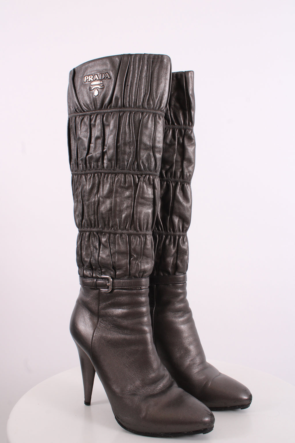 Prada Pleated Long Boots Silver/ Grey 37.5