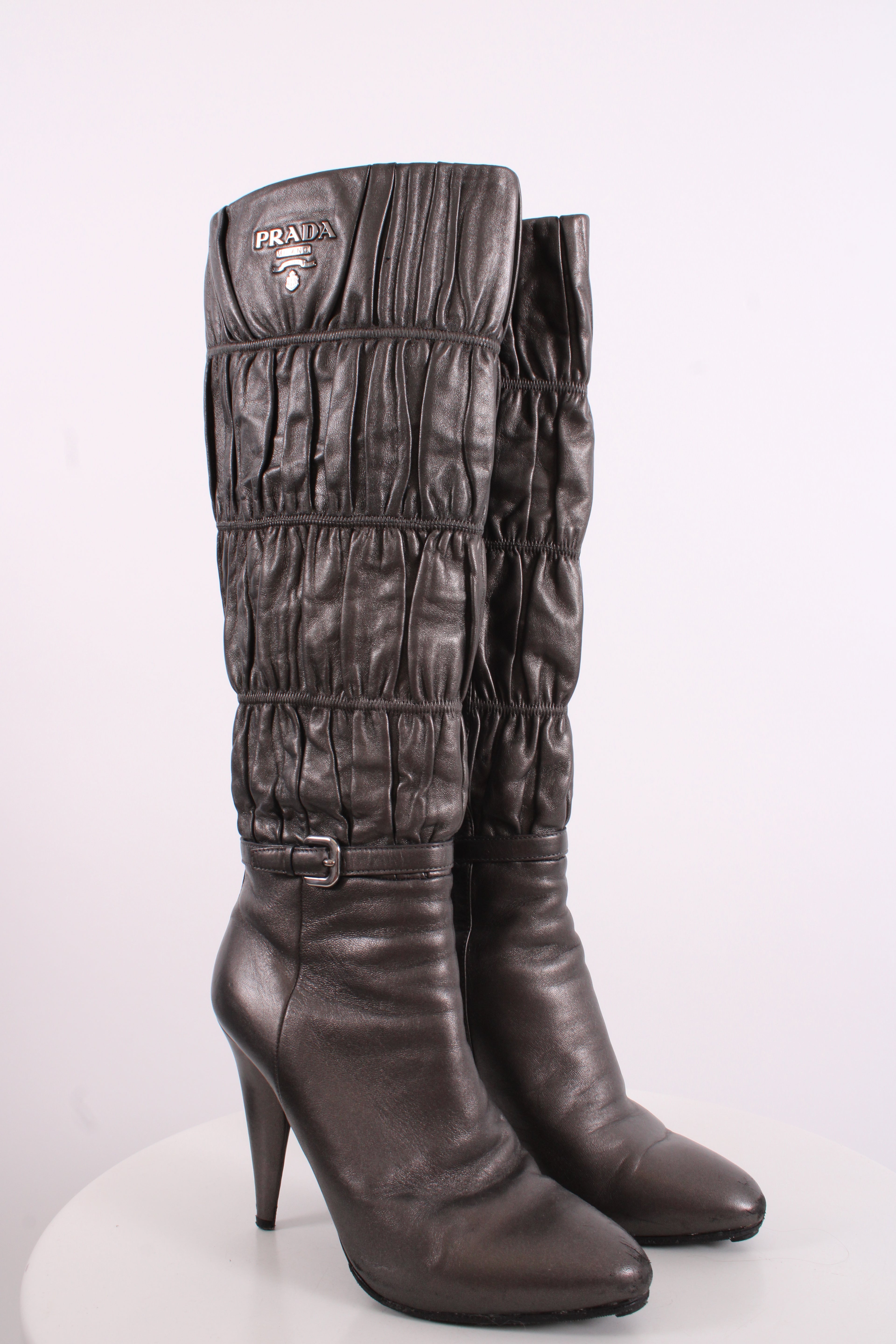 Prada Pleated Long Boots Silver/ Grey 37.5
