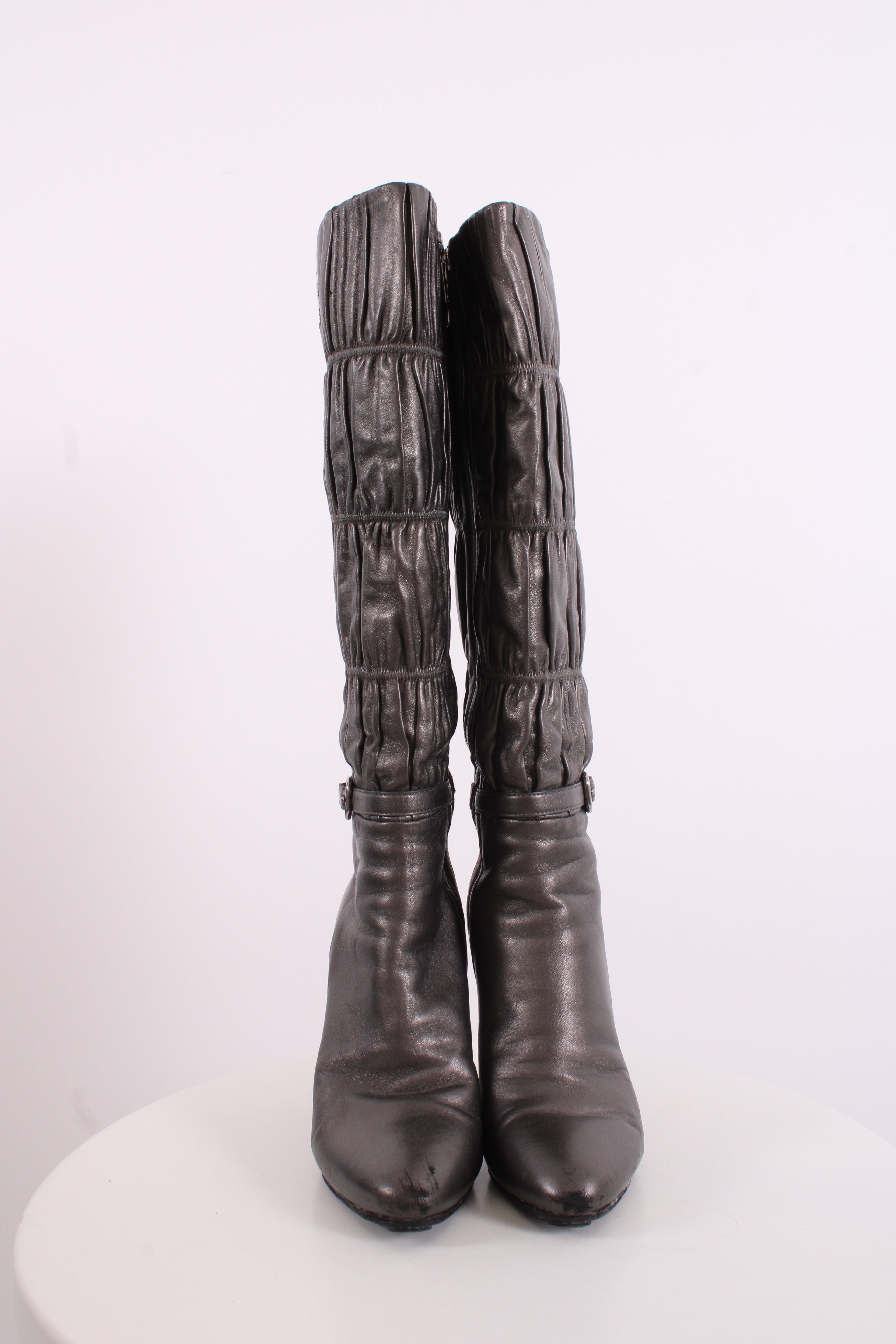 Prada Pleated Long Boots Silver/ Grey 37.5
