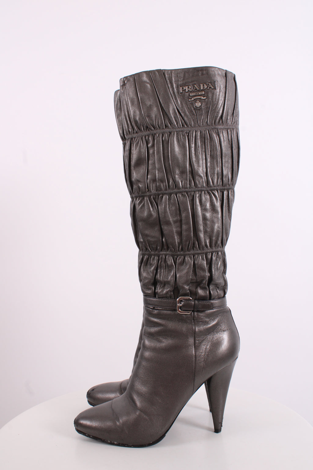 Prada Pleated Long Boots Silver/ Grey 37.5