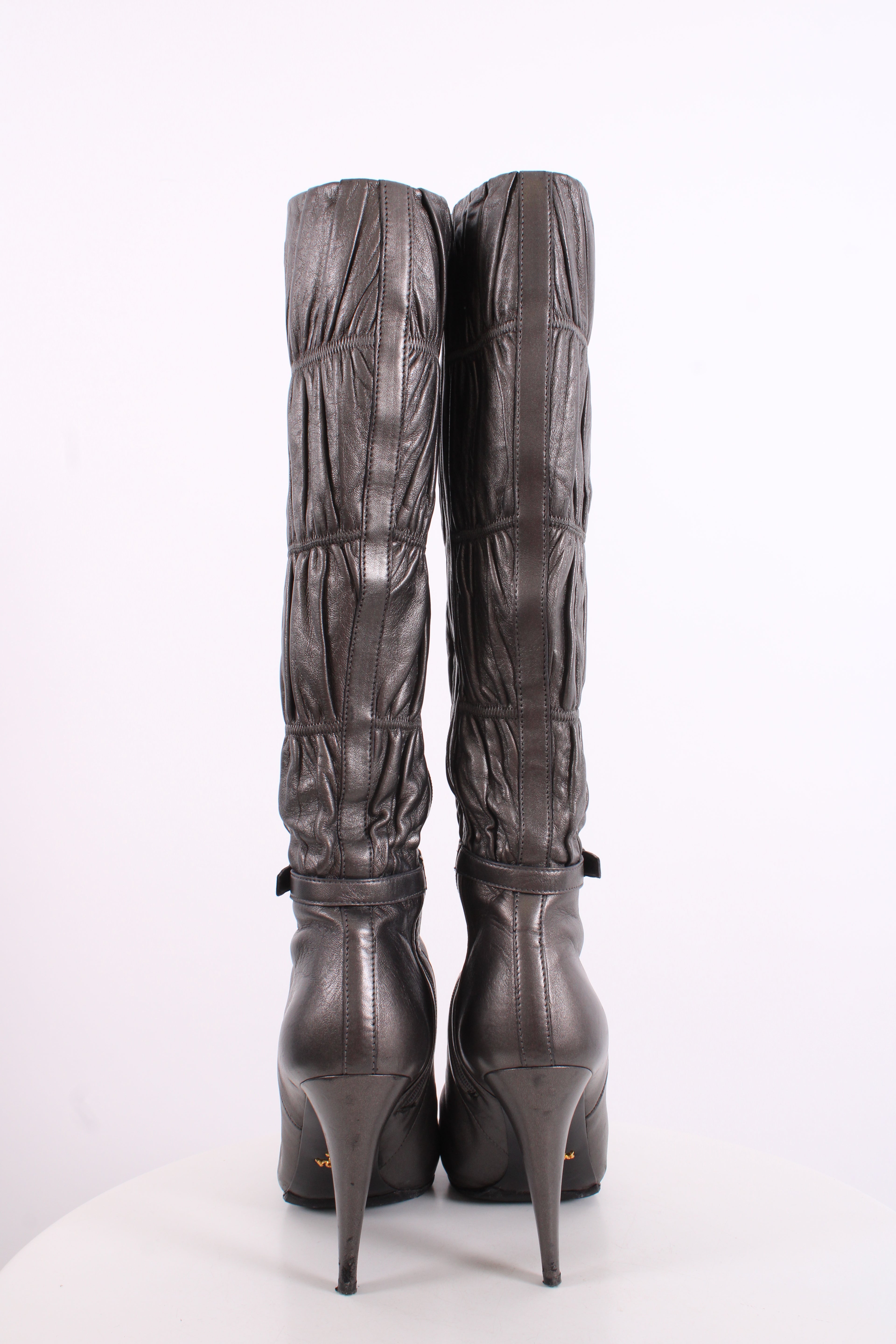 Prada Pleated Long Boots Silver/ Grey 37.5