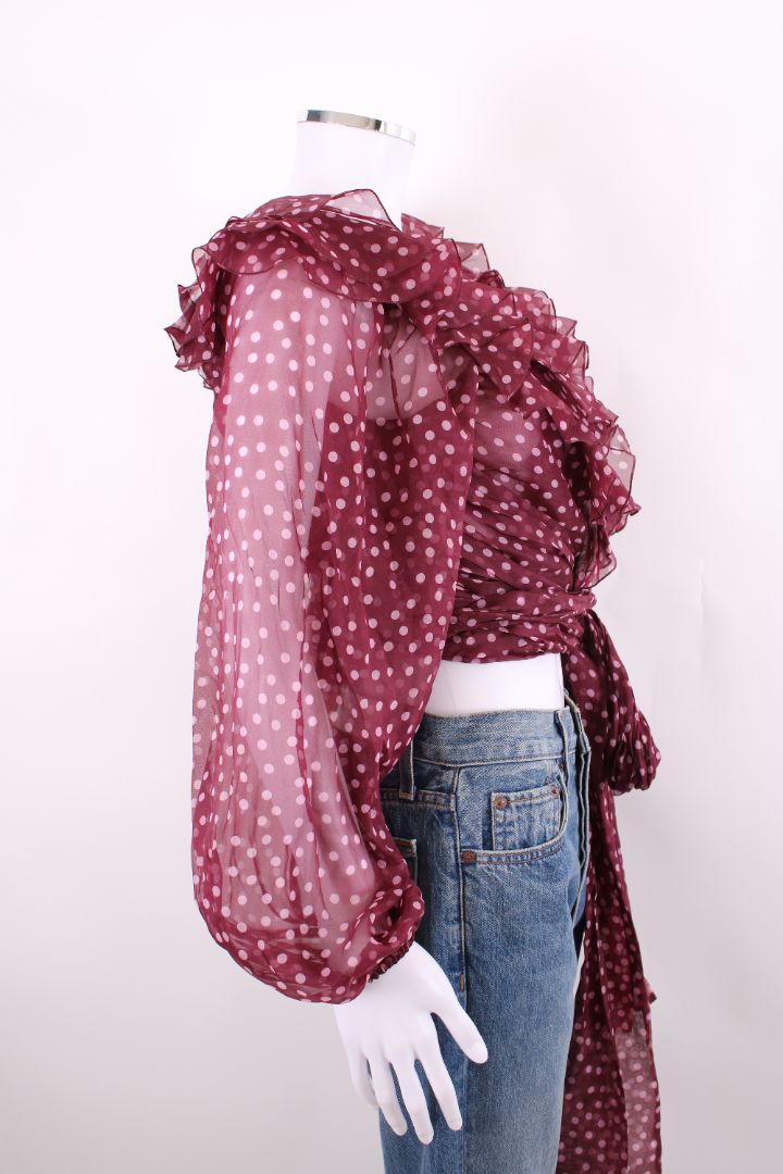 Dolce & Gabbana L/S Ruffle Polka Dot Wrap Blouse Burgundy/ Pink L