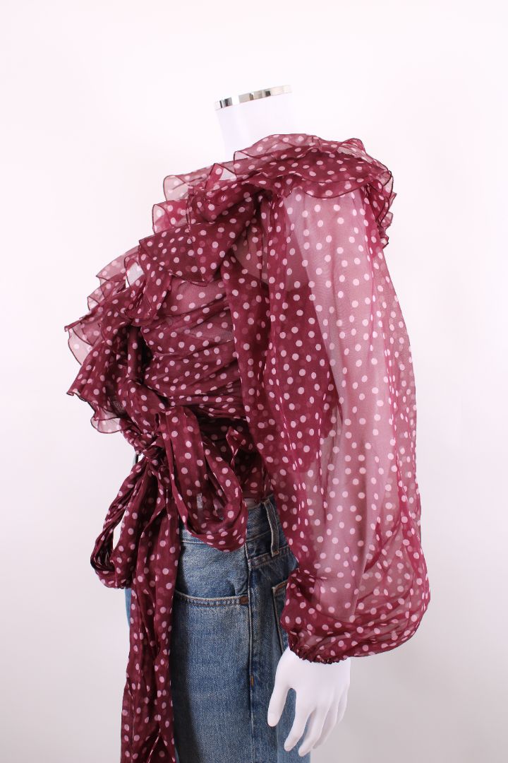 Dolce & Gabbana L/S Ruffle Polka Dot Wrap Blouse Burgundy/ Pink L