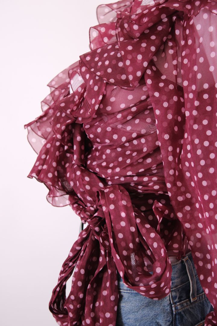 Dolce & Gabbana L/S Ruffle Polka Dot Wrap Blouse Burgundy/ Pink L