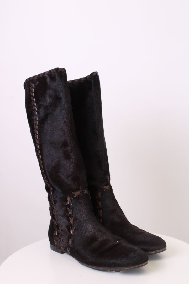 Gucci Pony hair knee flat boots Dark Brown 39