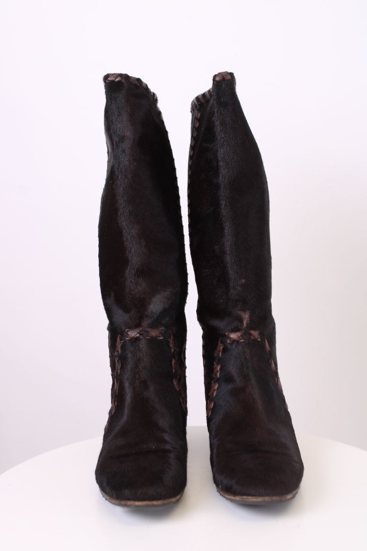 Gucci Pony hair knee flat boots Dark Brown 39