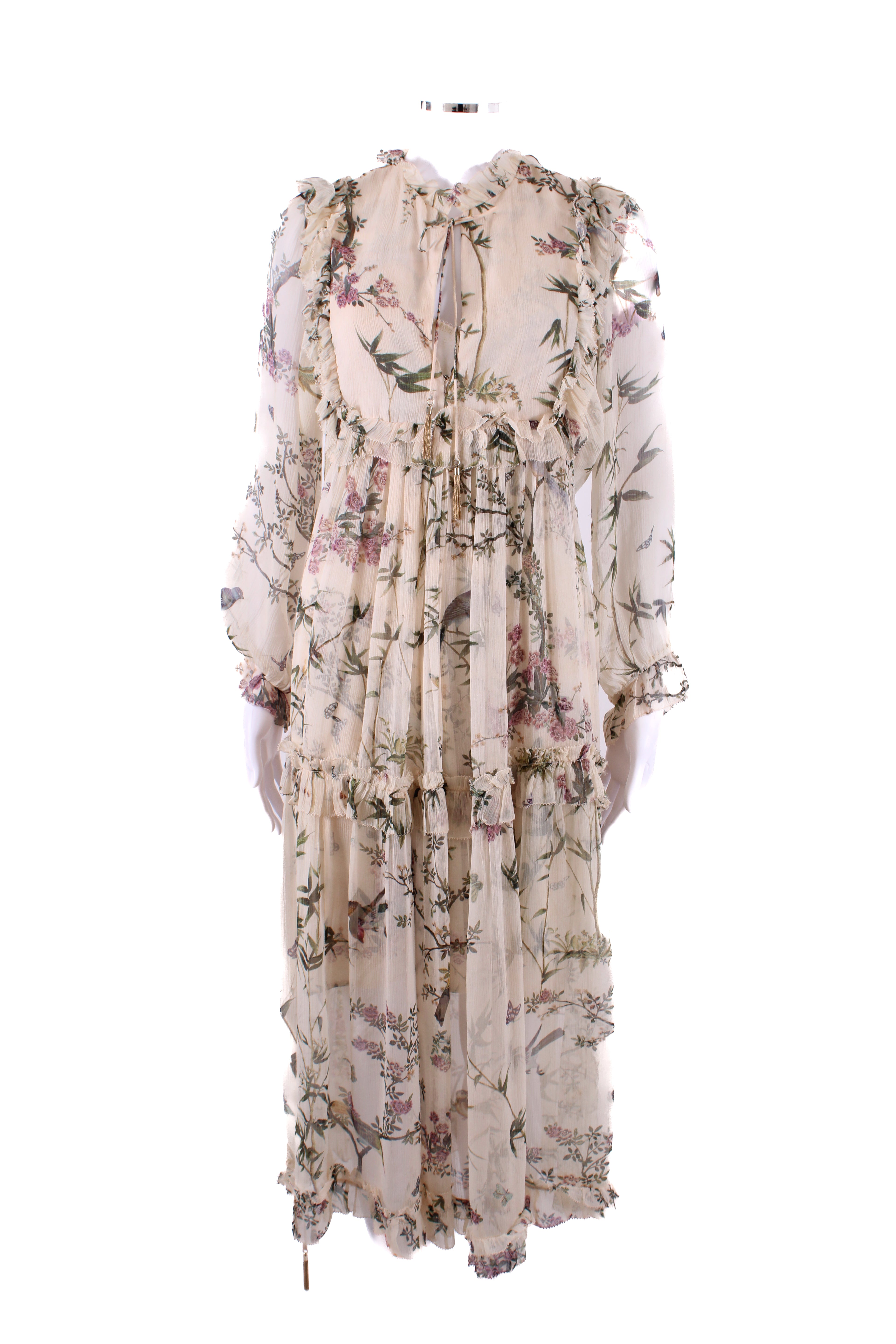 Zimmermann L/S Floral Branch Ruffle Dress Cream/ Green 8