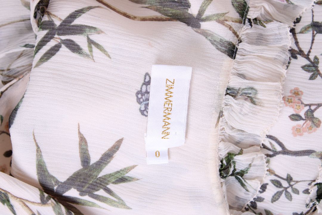 Zimmermann L/S Floral Branch Ruffle Dress Cream/ Green 8