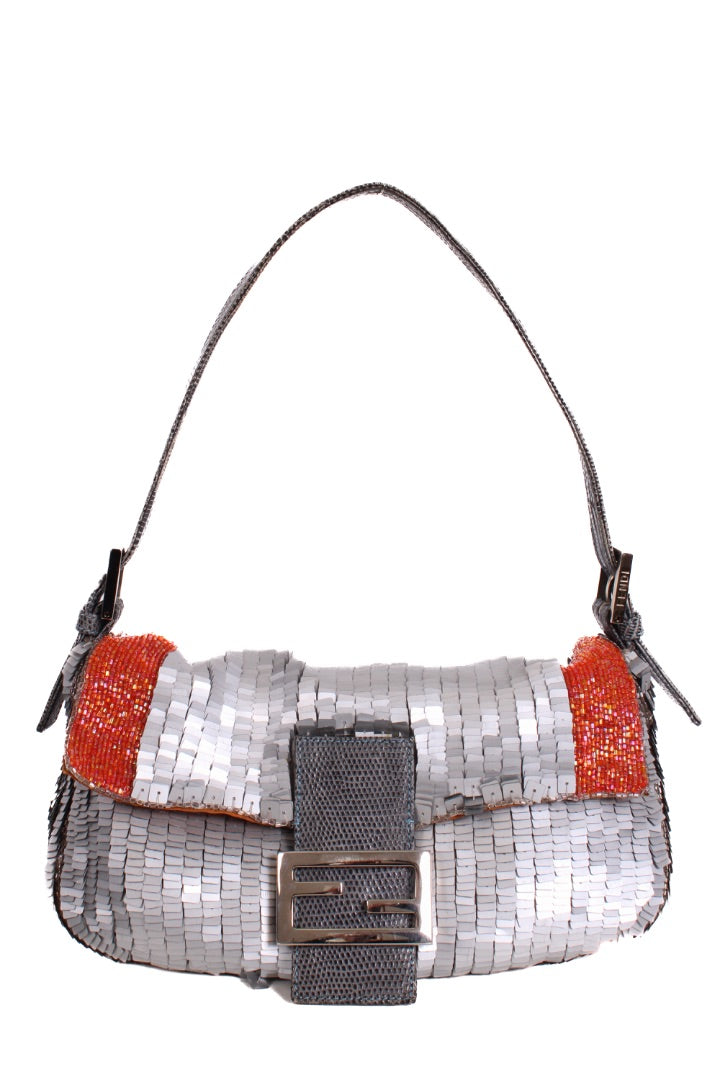 Fendi Sequin/ Lizard Trim Baguette Bag Grey/ Orange