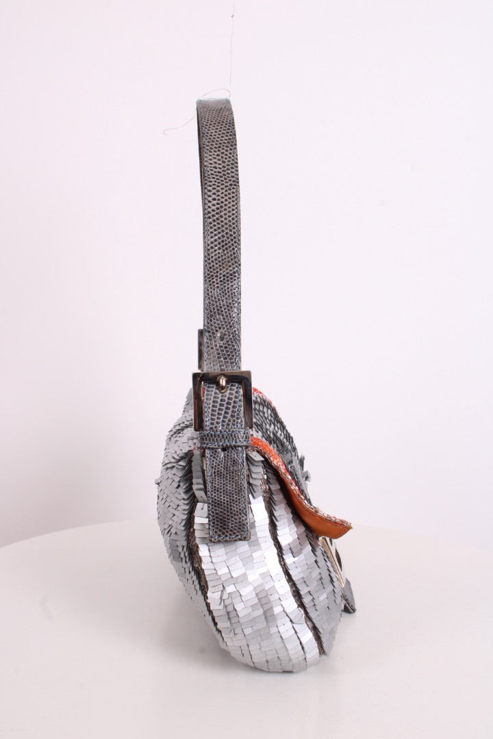 Fendi Sequin/ Lizard Trim Baguette Bag Grey/ Orange